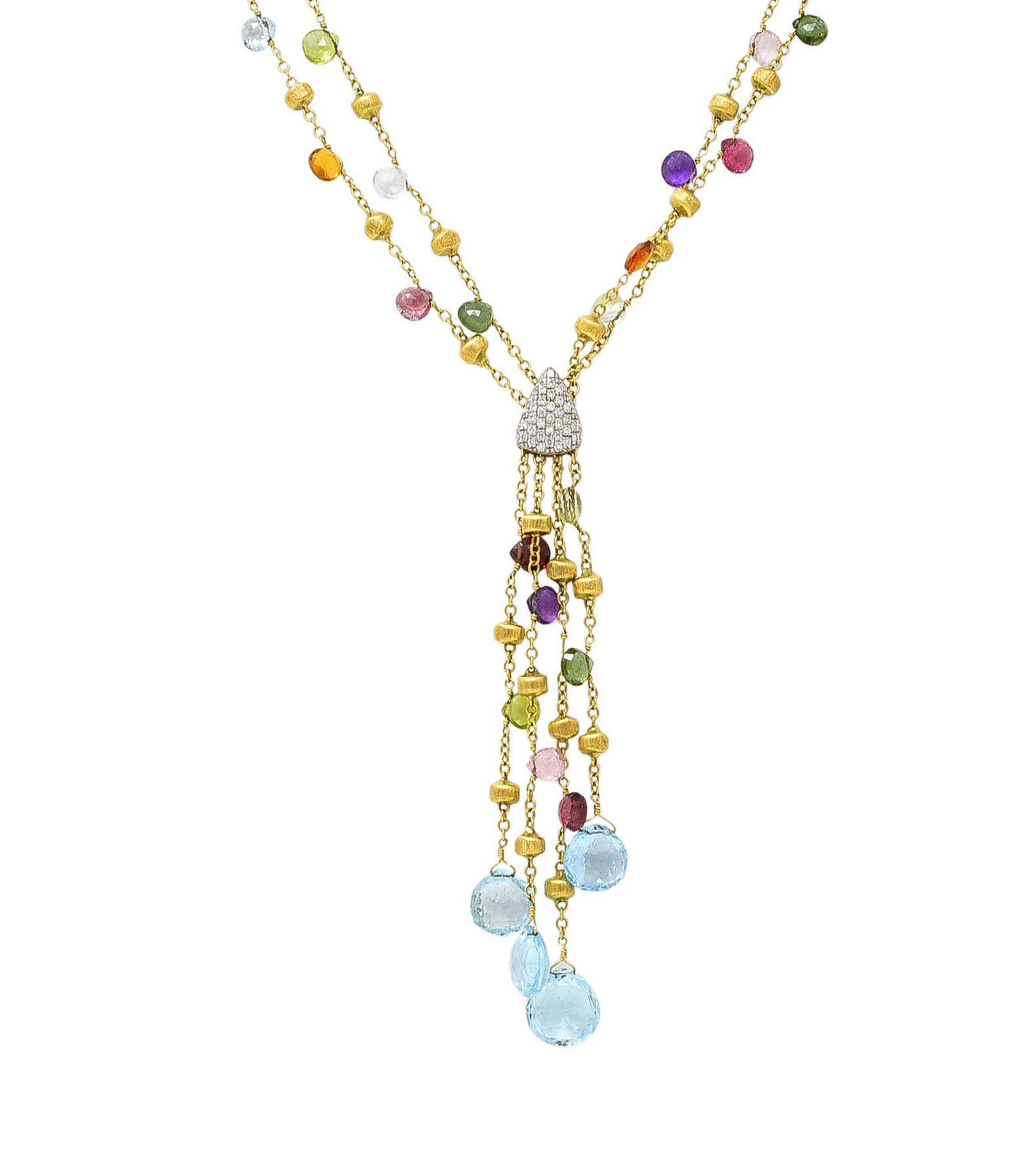 Marco Bicego Contemporary Multi-Gem Diamond 18 Karat Two-Tone Gold Paradise Lariate Tassel Necklace Wilson's Estate Jewelry