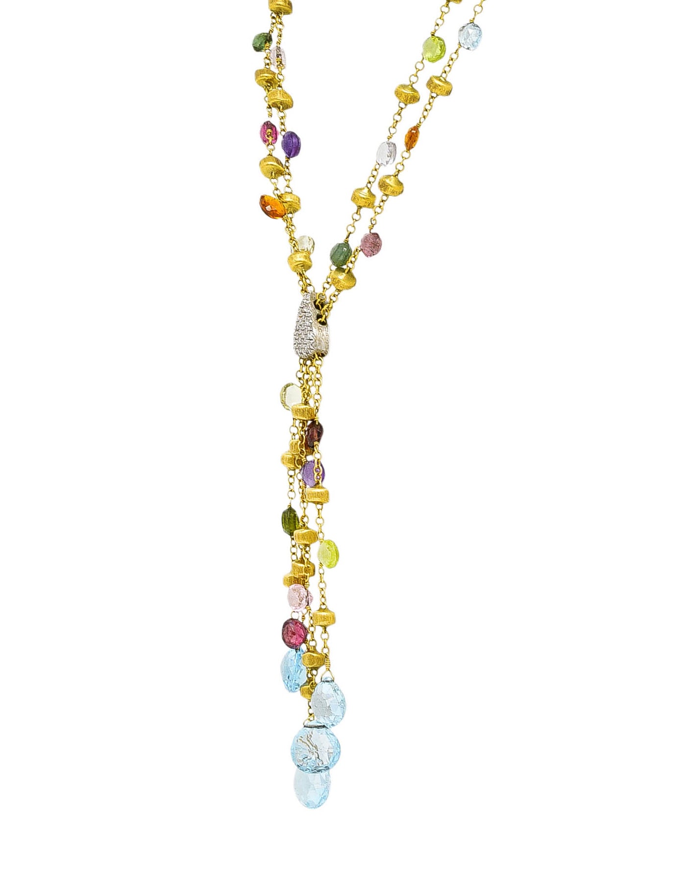 Marco Bicego Contemporary Multi-Gem Diamond 18 Karat Two-Tone Gold Paradise Lariate Tassel Necklace Wilson's Estate Jewelry