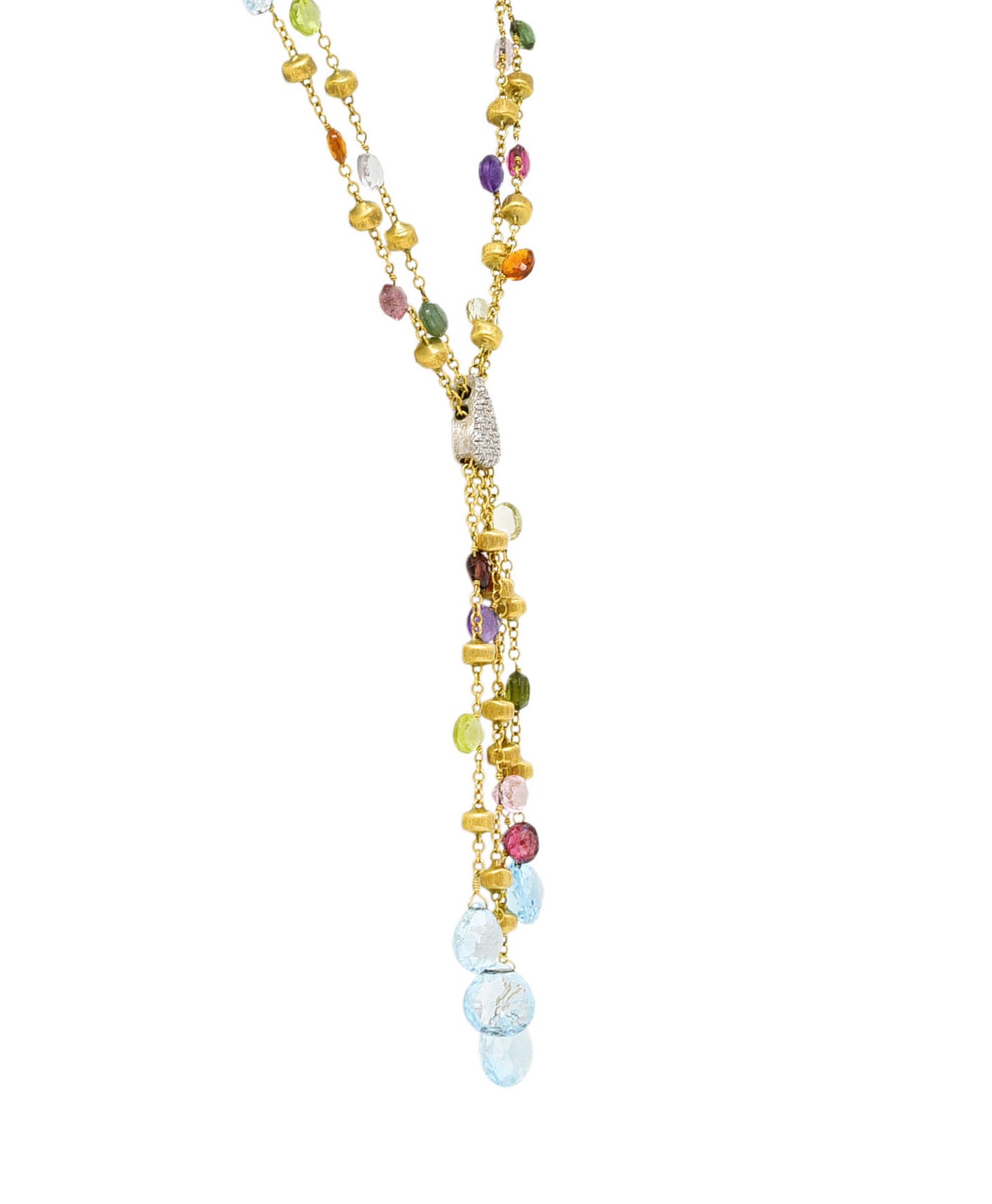 Marco Bicego Contemporary Multi-Gem Diamond 18 Karat Two-Tone Gold Paradise Lariate Tassel Necklace Wilson's Estate Jewelry