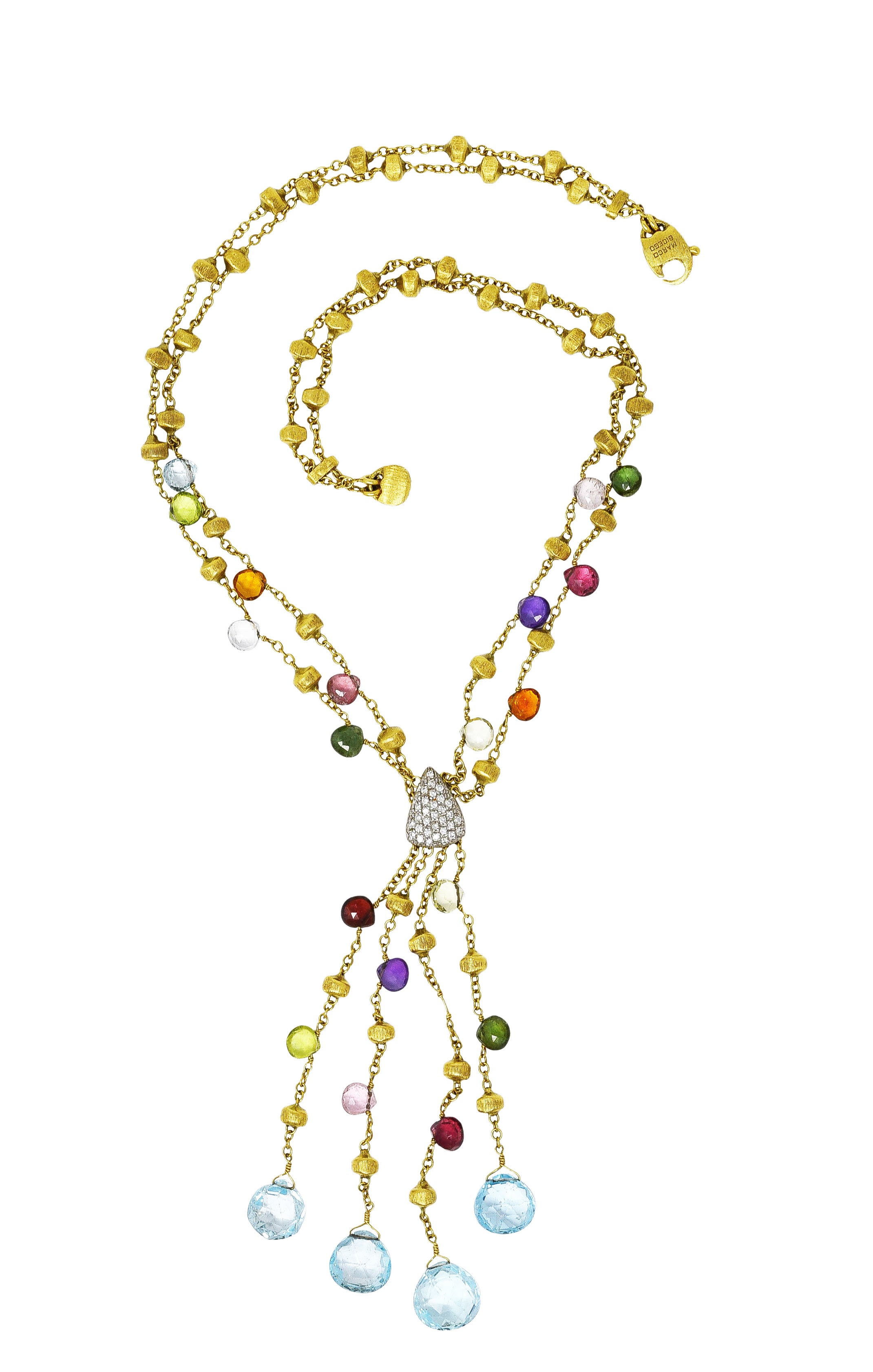 Marco Bicego Contemporary Multi-Gem Diamond 18 Karat Two-Tone Gold Paradise Lariate Tassel Necklace Wilson's Estate Jewelry