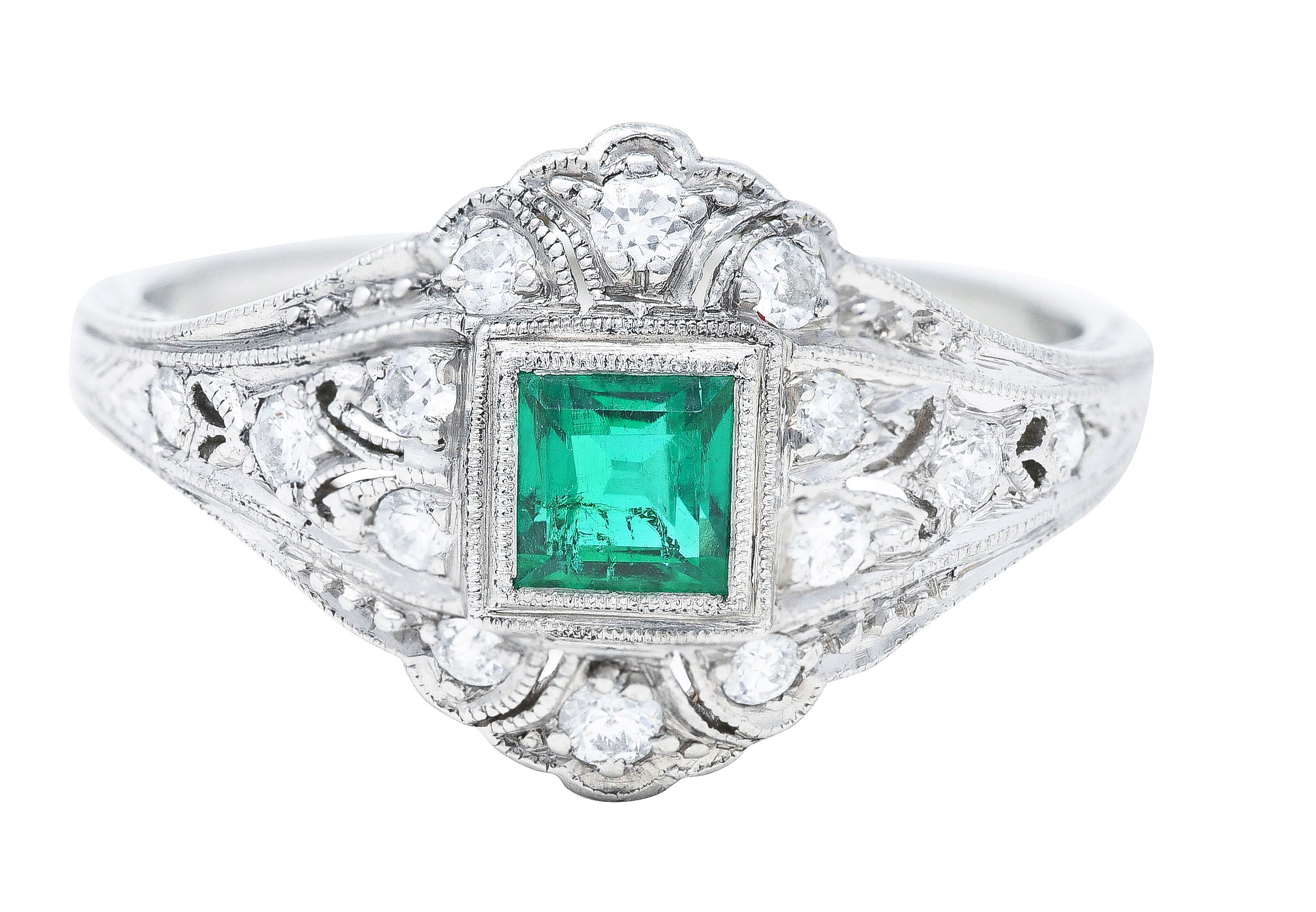 Art Deco Tiffany & Co. Emerald Diamond Platinum Dinner Alternative Ring Wilson's Estate Jewelry