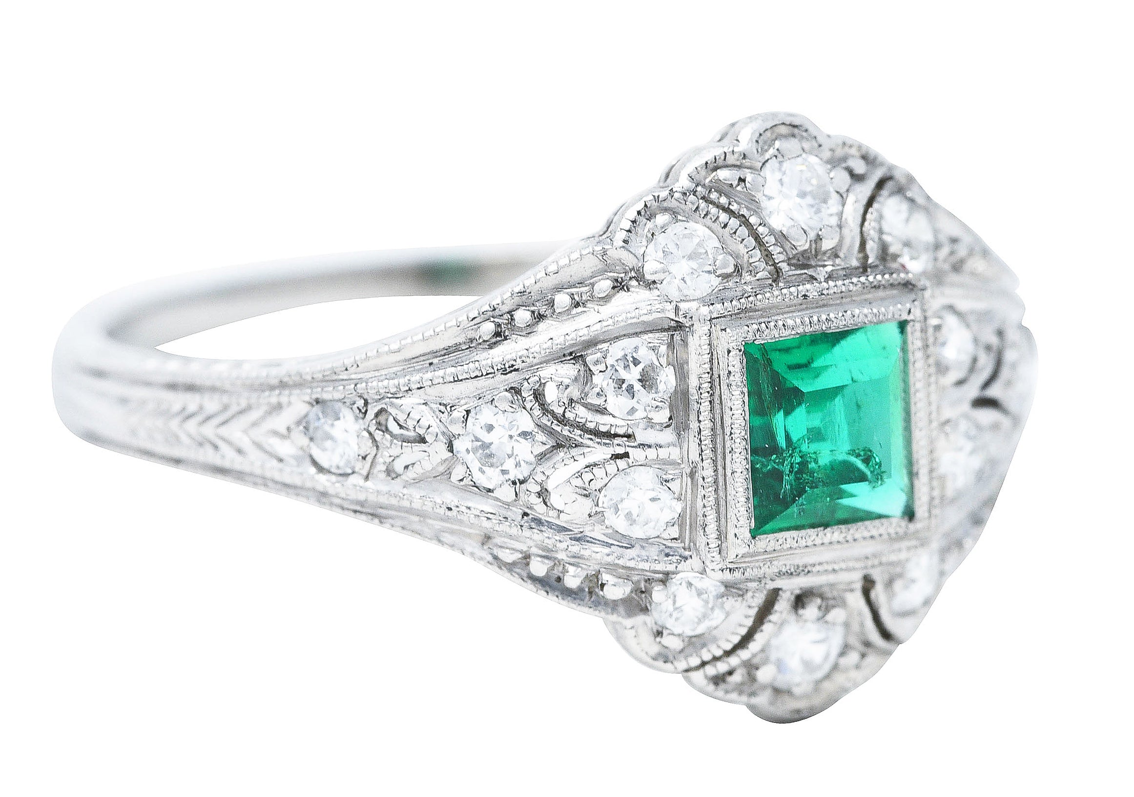 Art Deco Tiffany & Co. Emerald Diamond Platinum Dinner Alternative Ring Wilson's Estate Jewelry