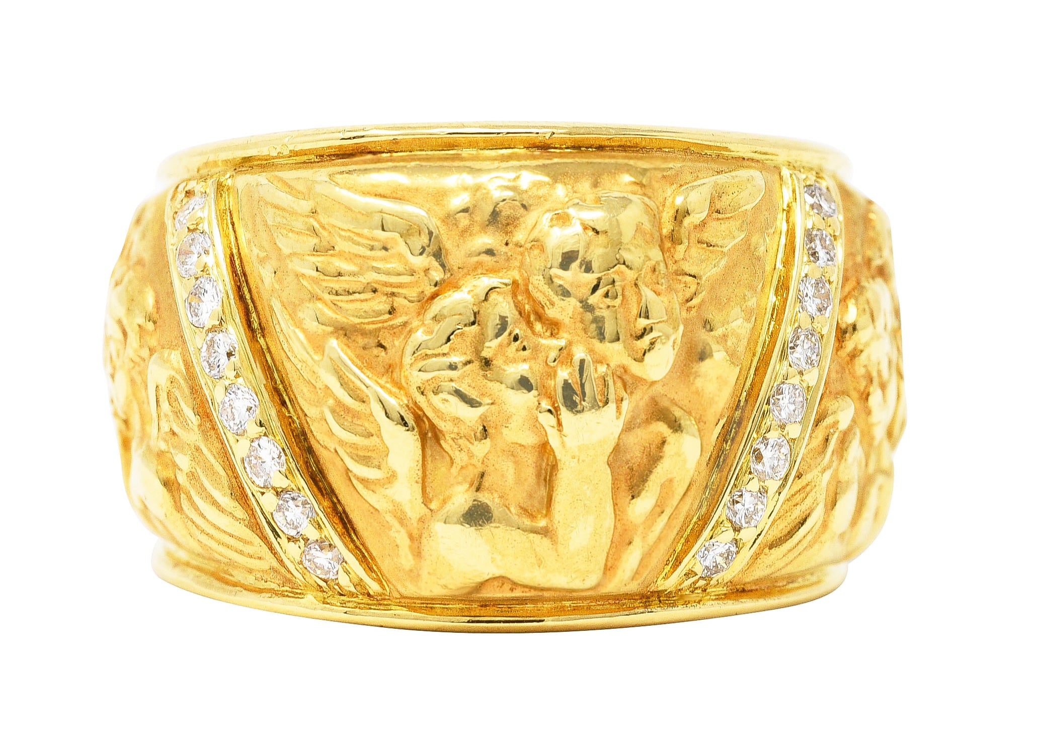 Carrera y Carrera 1990's 18 Karat Yellow Gold Repoussé Cherub Vintage Band Ring Wilson's Estate Jewelry