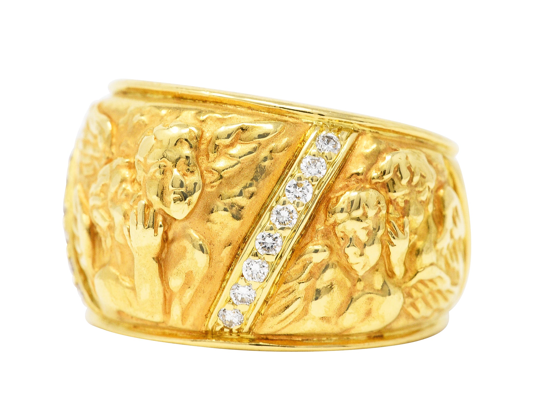 Carrera y Carrera 1990's 18 Karat Yellow Gold Repoussé Cherub Vintage Band Ring Wilson's Estate Jewelry