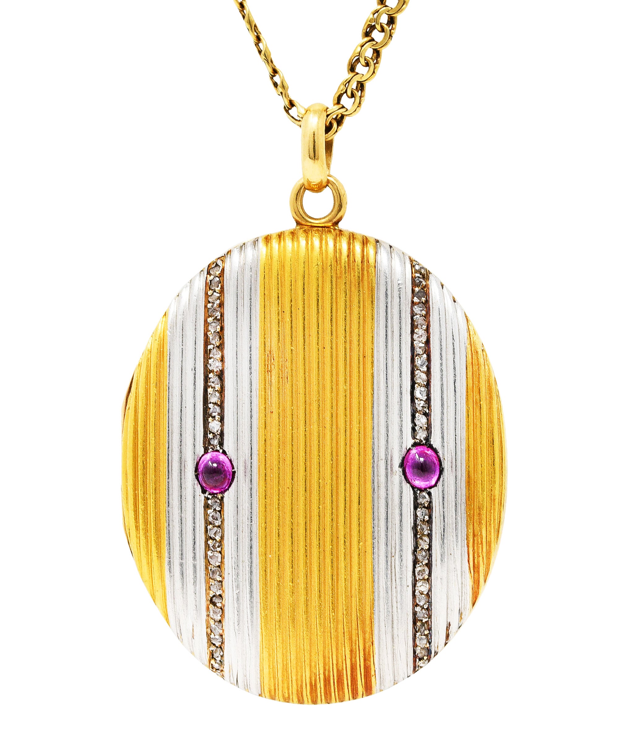 Edwardian Diamond Ruby Platinum 18 Karat Yellow Gold Mirror Locket Pendant Necklace Wilson's Antique & Estate Jewelry