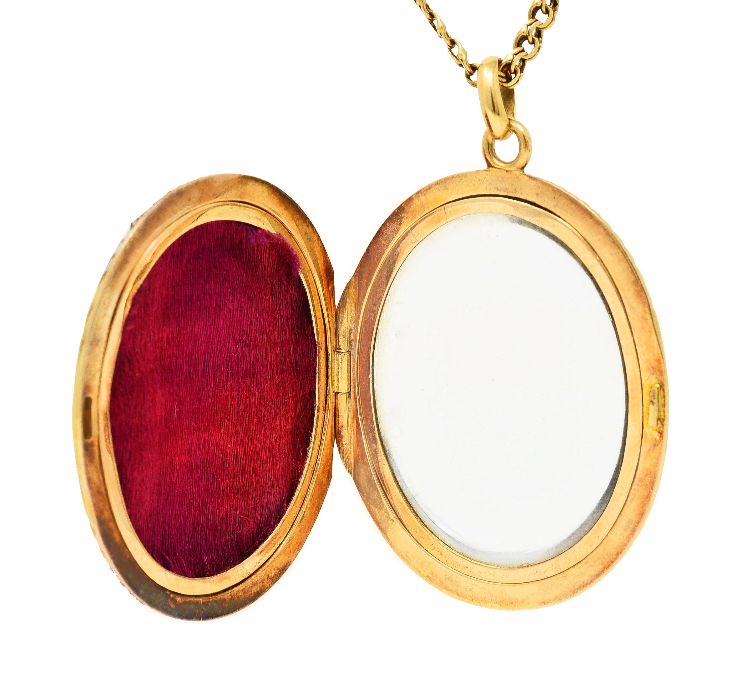 Edwardian Diamond Ruby Platinum 18 Karat Yellow Gold Mirror Locket Pendant Necklace Wilson's Antique & Estate Jewelry