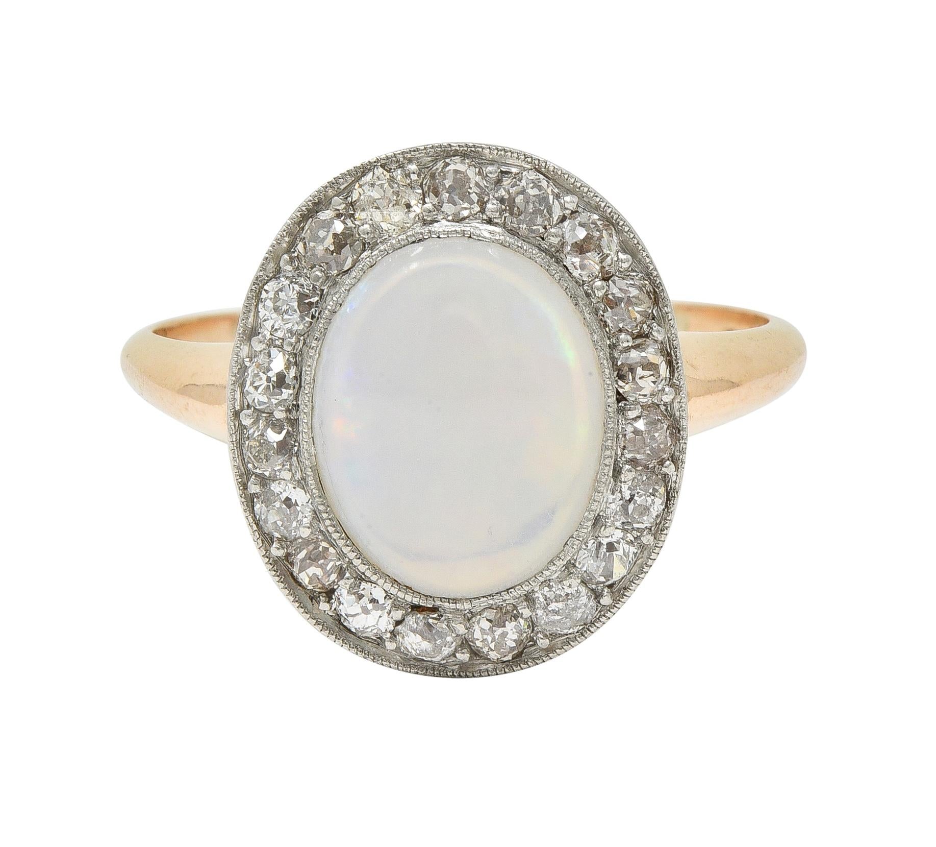 Edwardian Jelly Opal Diamond Platinum 18 Karat Rose Gold Antique Halo Ring