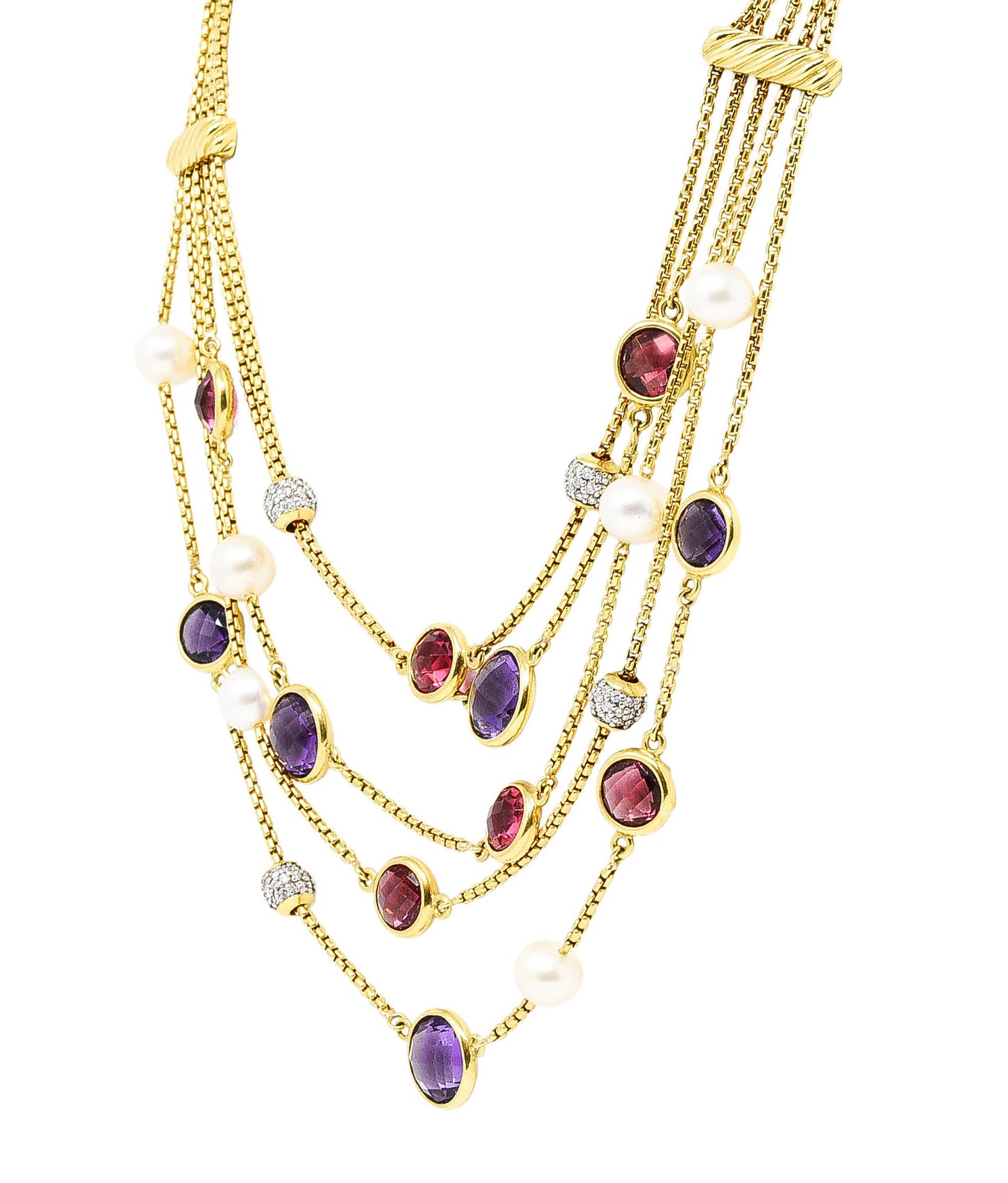 David Yurman Amethyst Pink Tourmaline Pearl Pave Diamond 18 Karat Gold Multi-Strand Necklace Wilson's Estate Jewelry