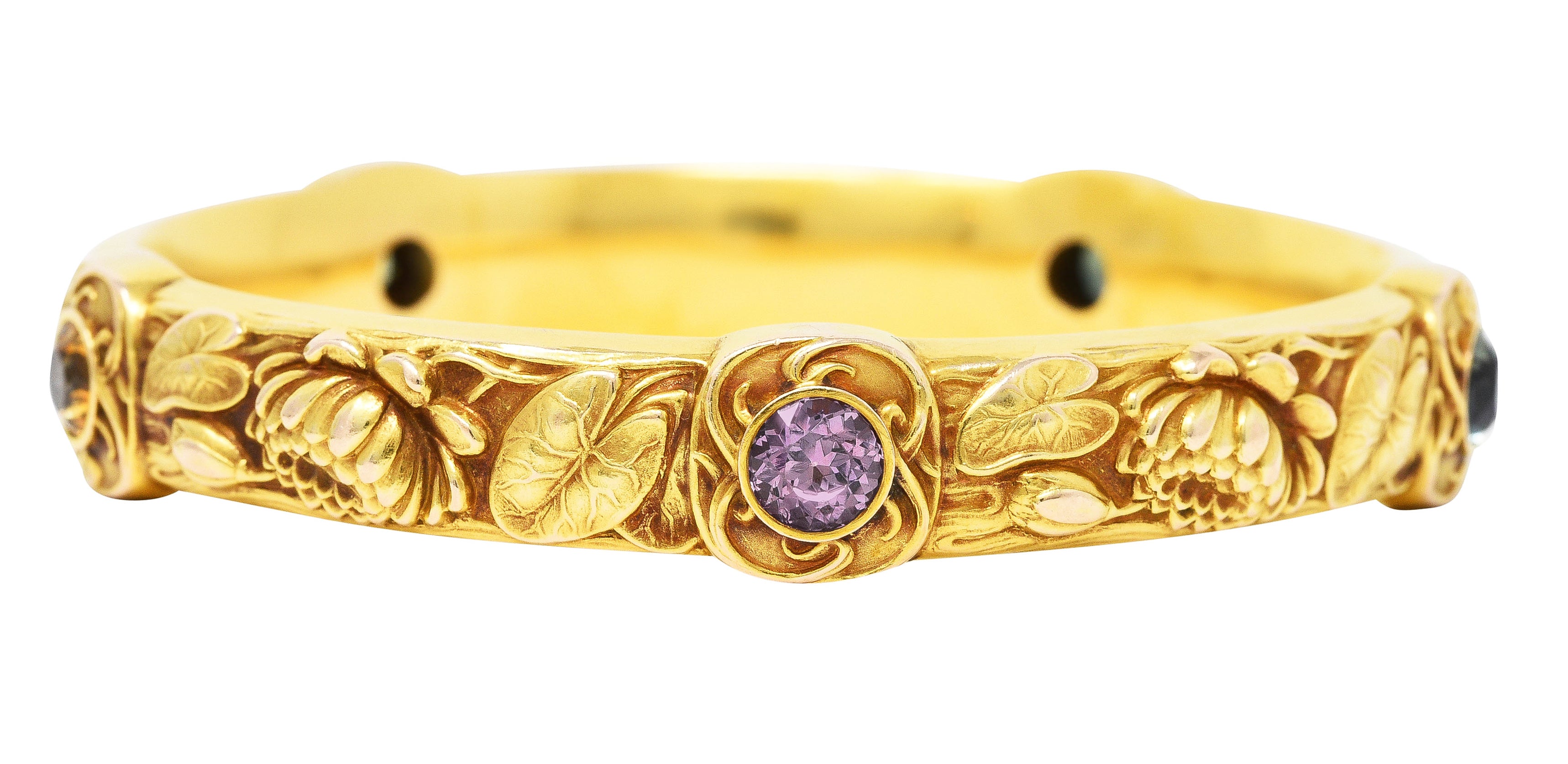 Schumann Son's Riker Bros. Art Nouveau Multi-Color Montana Sapphire 14 Karat Yellow Gold Floral Pad Lotus Antique Bangle Bracelet Wilson's Estate Jewelry