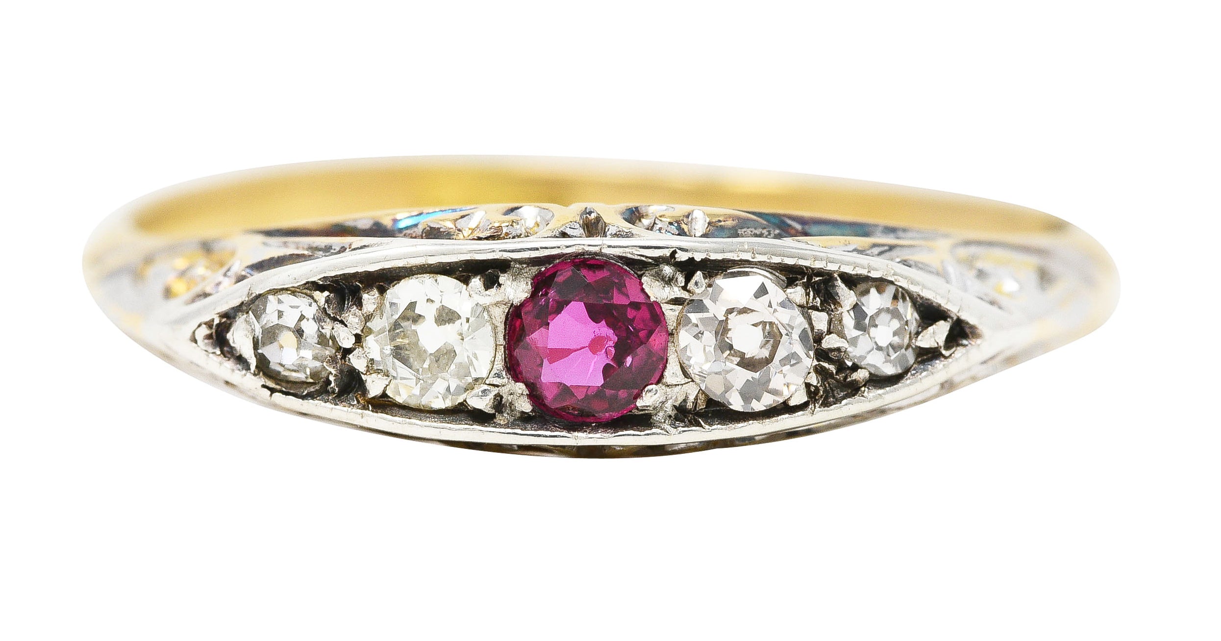 Edwardian Ruby Old European Cut Diamond Platinum-Topped 18 Karat Yellow Gold Scroll Antique Five Stone Band Ring Wilson's Estate Jewelry