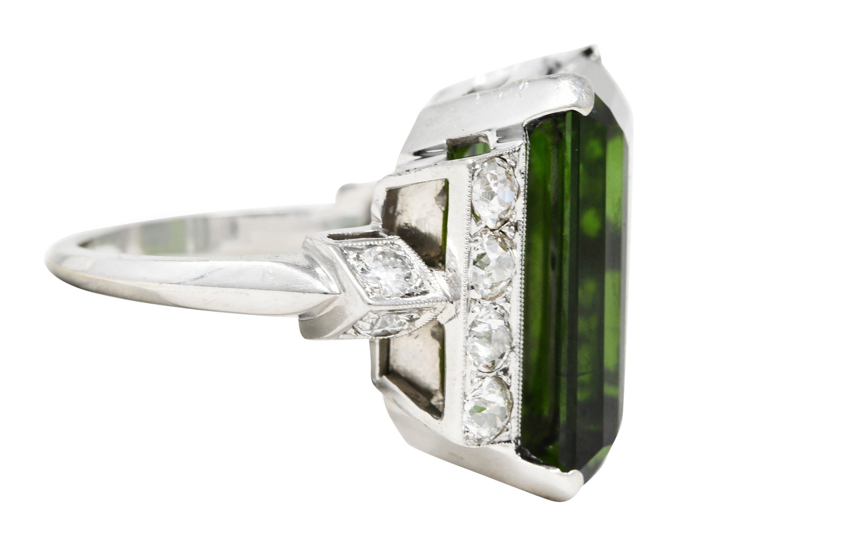 Late Retro 20.01 CTW Green Tourmaline Diamond 14 Karat White Gold Cocktail Ring Wilson's Estate Jewelry