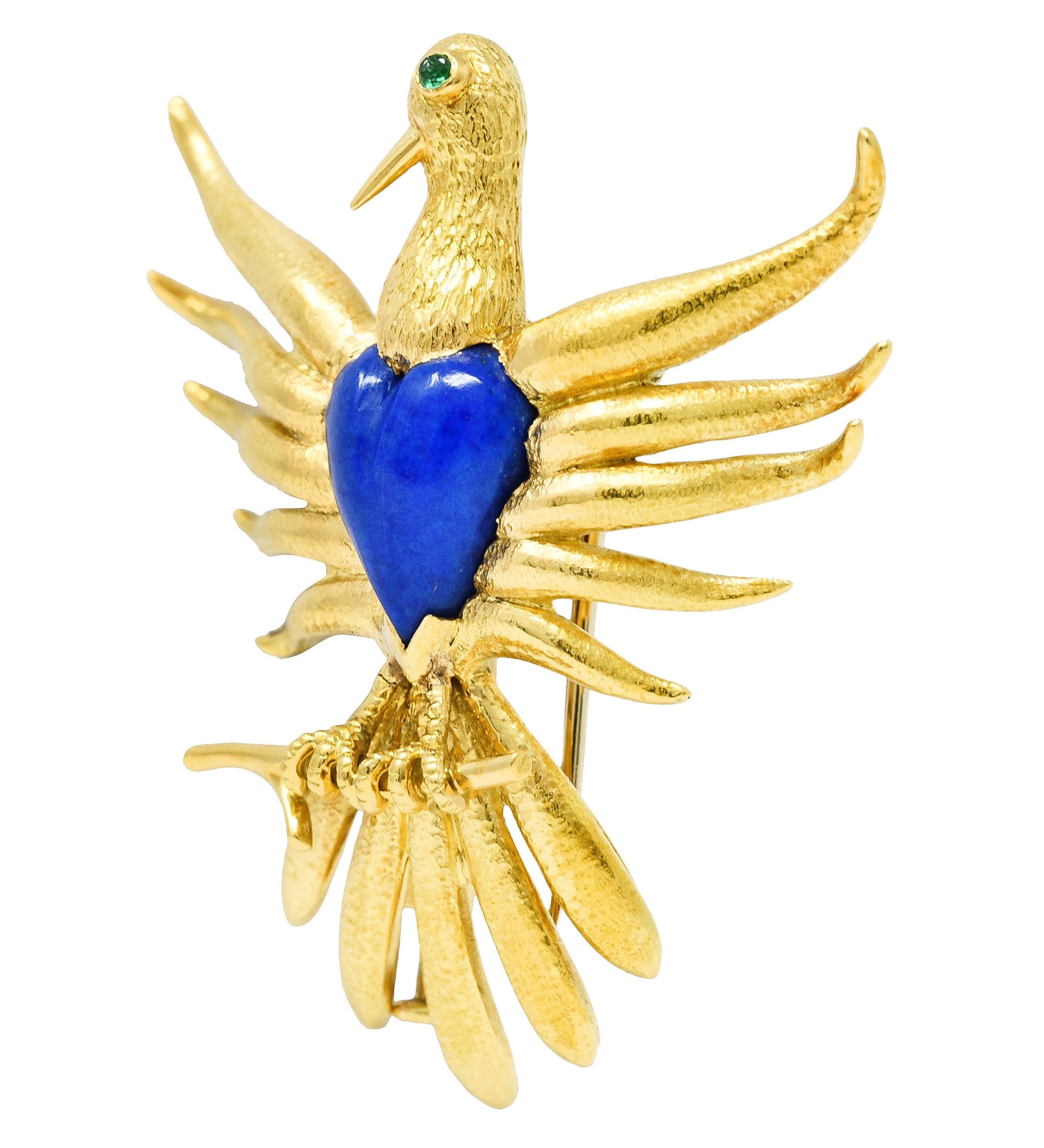 Schlumberger Tiffany & Co. 1960's Lapis Lazuli Emerald 18 Karat Yellow Gold Phoenix Heart Vintage Brooch Wilson's Estate Jewelry