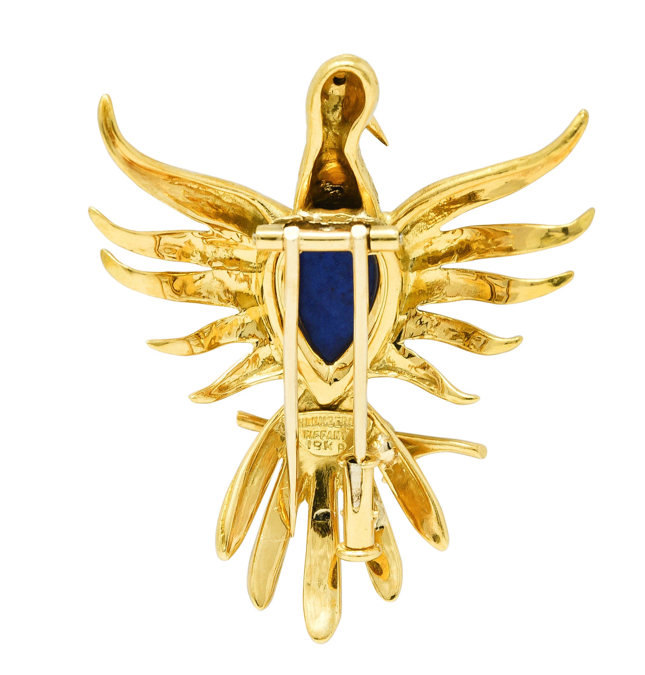 Schlumberger Tiffany & Co. 1960's Lapis Lazuli Emerald 18 Karat Yellow Gold Phoenix Heart Vintage Brooch Wilson's Estate Jewelry