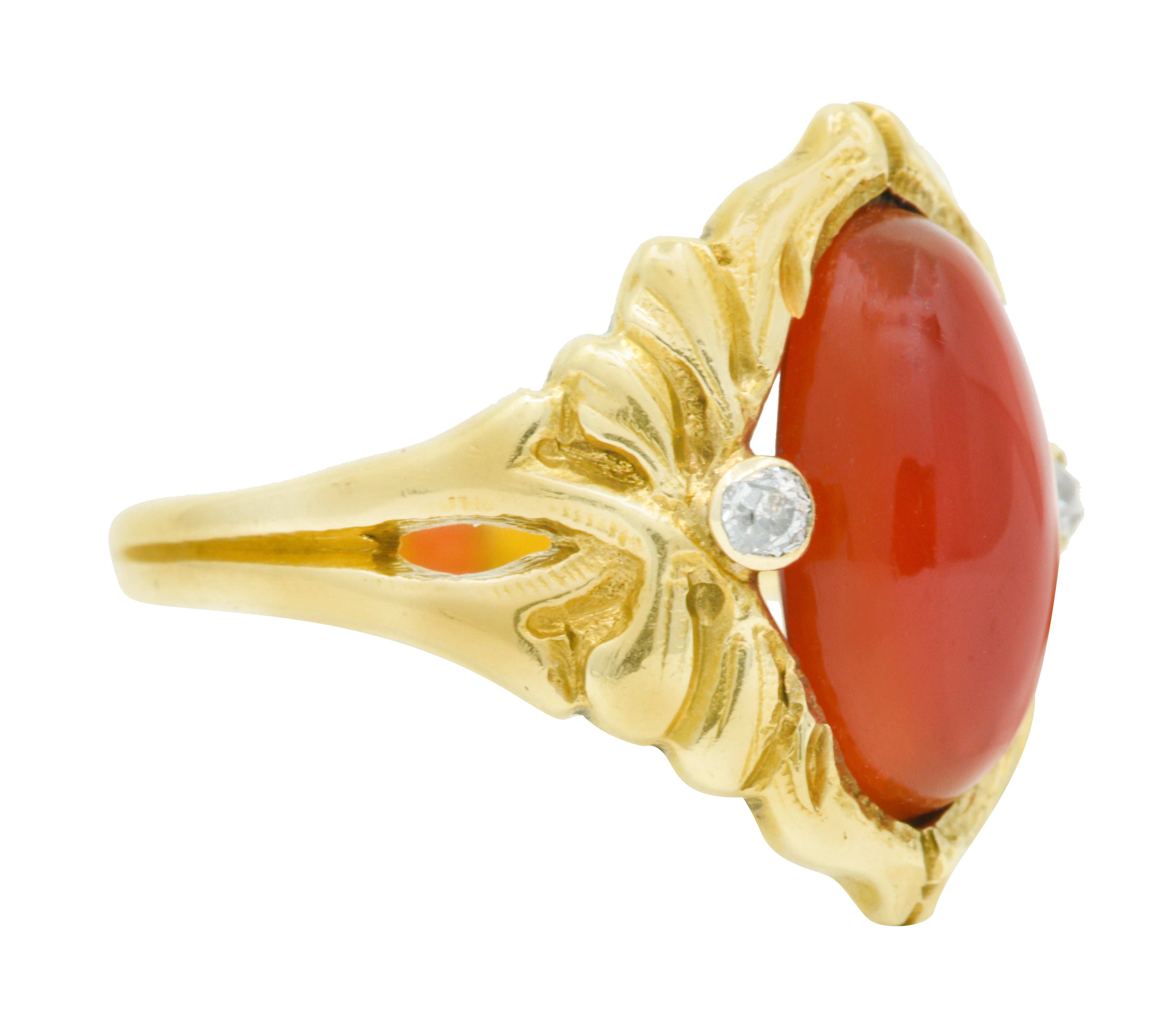 Art Nouveau Carnelian Diamond 14 Karat Gold Foliate Whiplash RingRing - Wilson's Estate Jewelry