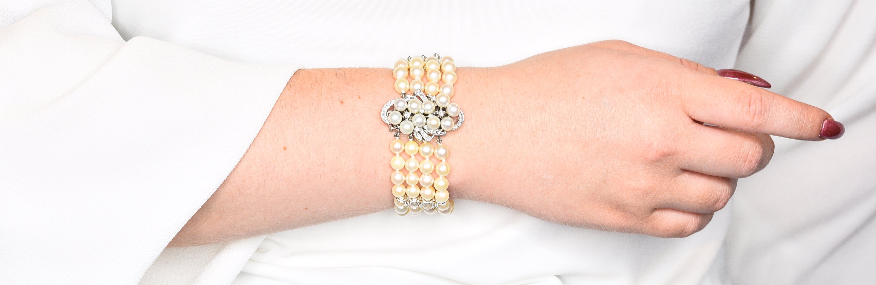 1950's Mid-Century Pearl 1.25 CTW Diamond 14 Karat White Gold Multi-Strand Braceletbracelet - Wilson's Estate Jewelry