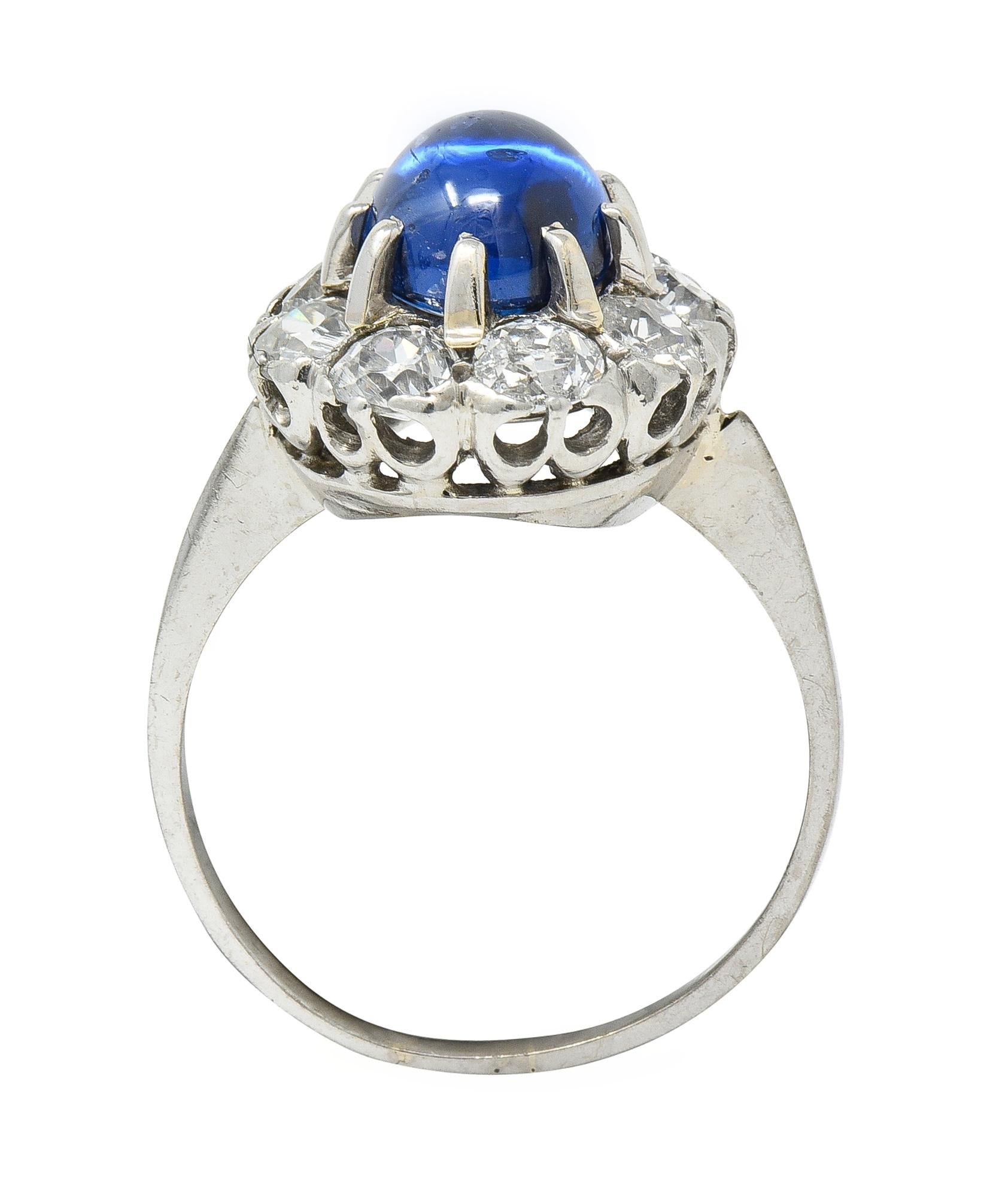 Art Deco 3.52 CTW Sapphire Cabochon Diamond 18 Karat White Gold Halo Ring