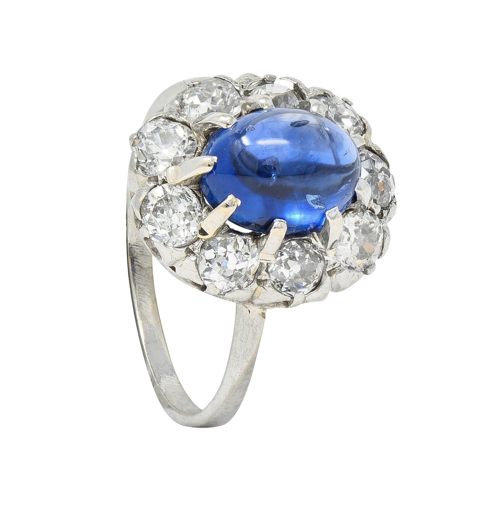 Art Deco 3.52 CTW Sapphire Cabochon Diamond 18 Karat White Gold Halo Ring