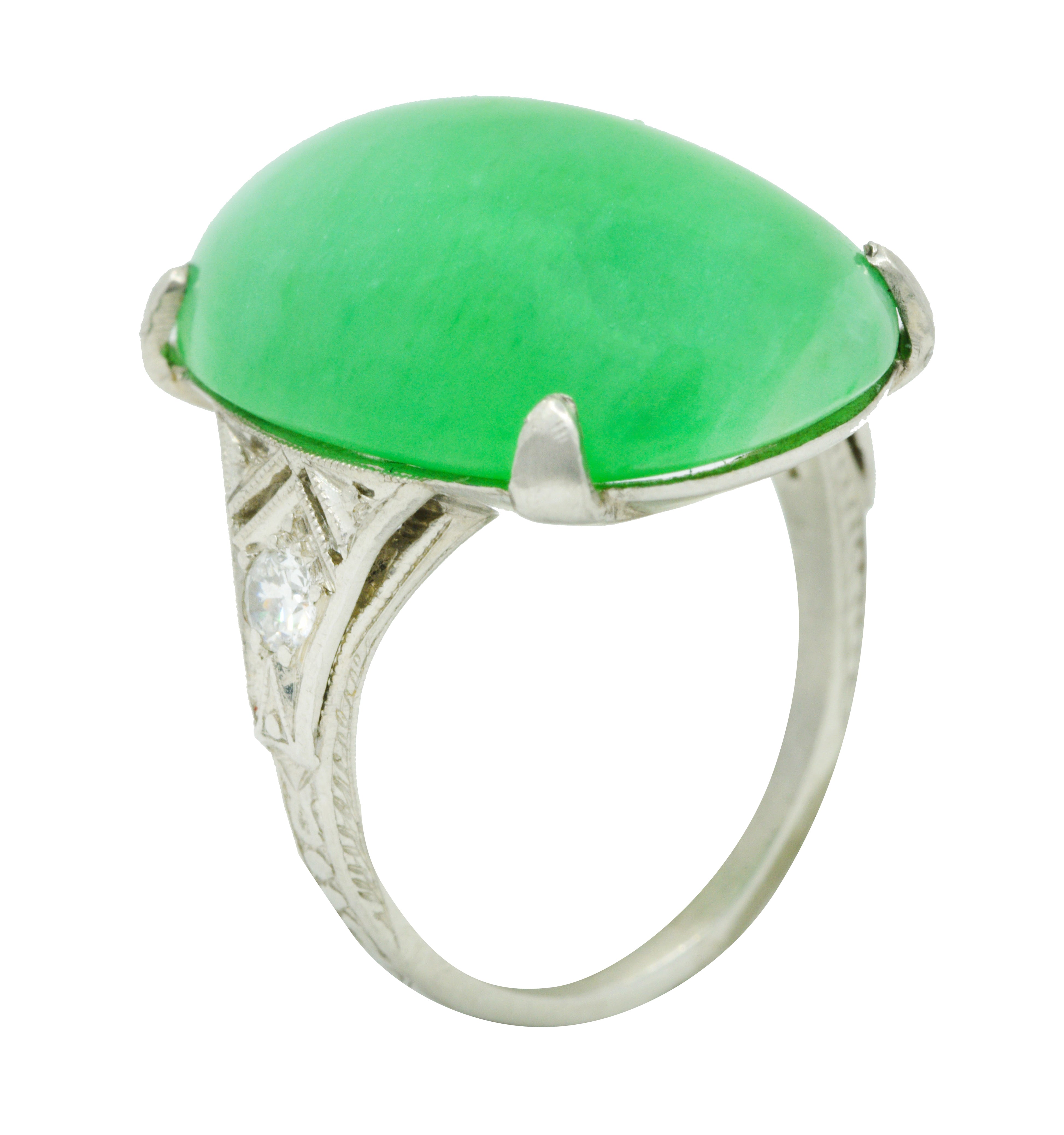 1930's Art Deco Jadeite Jade Diamond Platinum Cabochon Ring GIARing - Wilson's Estate Jewelry