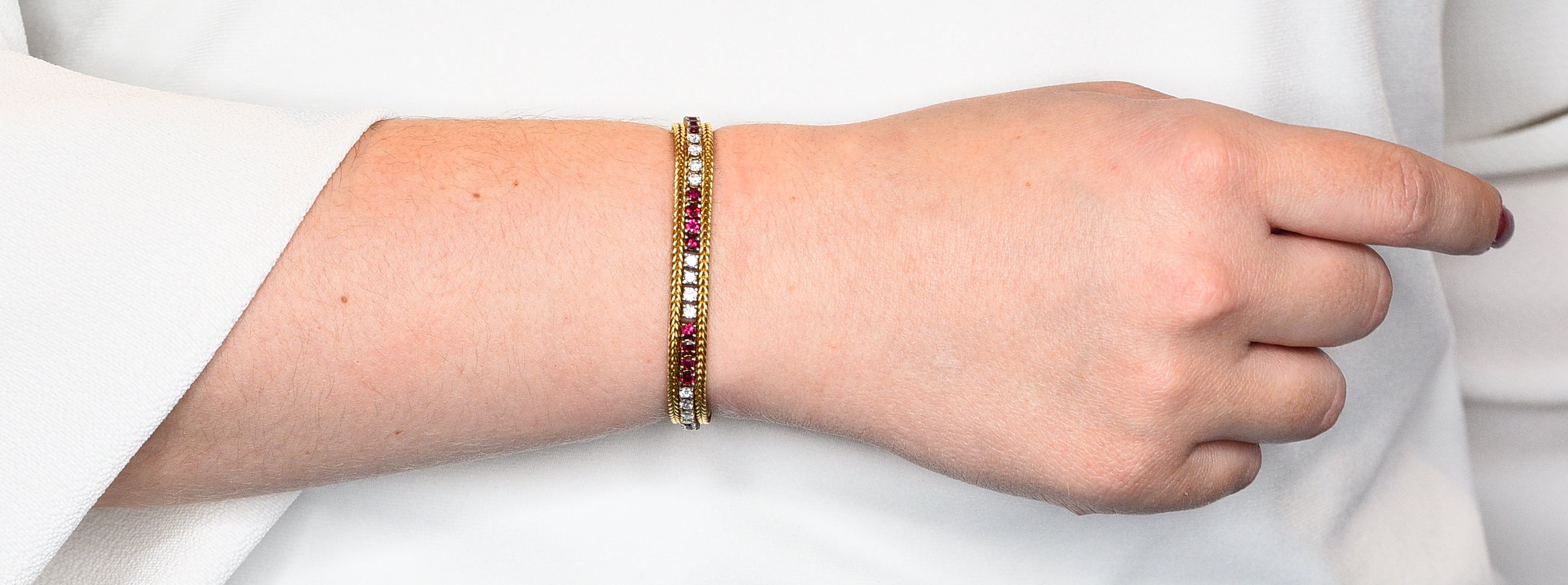 Vintage 5.00 CTW Diamond Ruby 18 Karat Two-Tone Gold Wheat Line Braceletbracelet - Wilson's Estate Jewelry