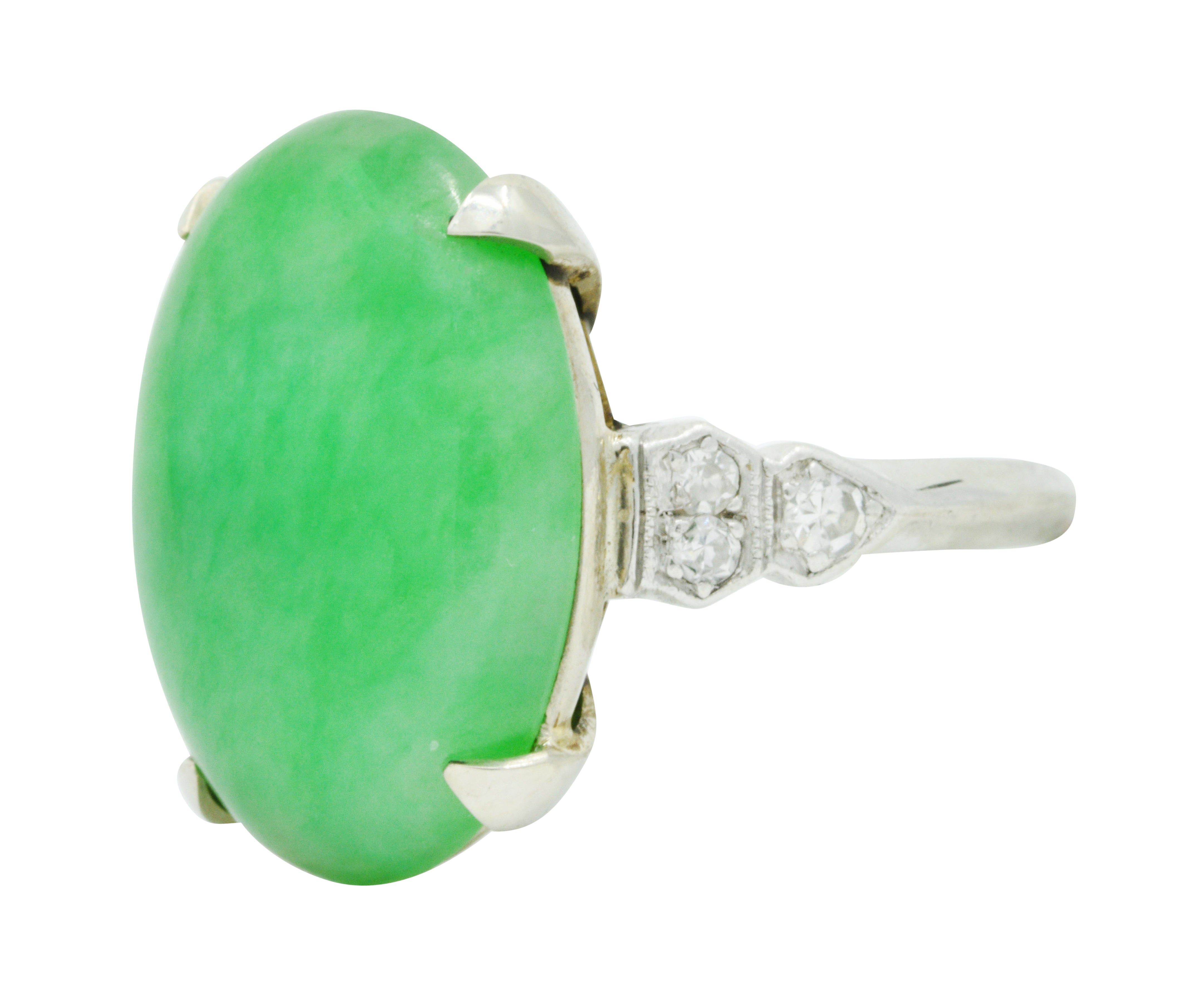 Art Deco Jadeite Jade Diamond Platinum Cabochon Ring GIARing - Wilson's Estate Jewelry