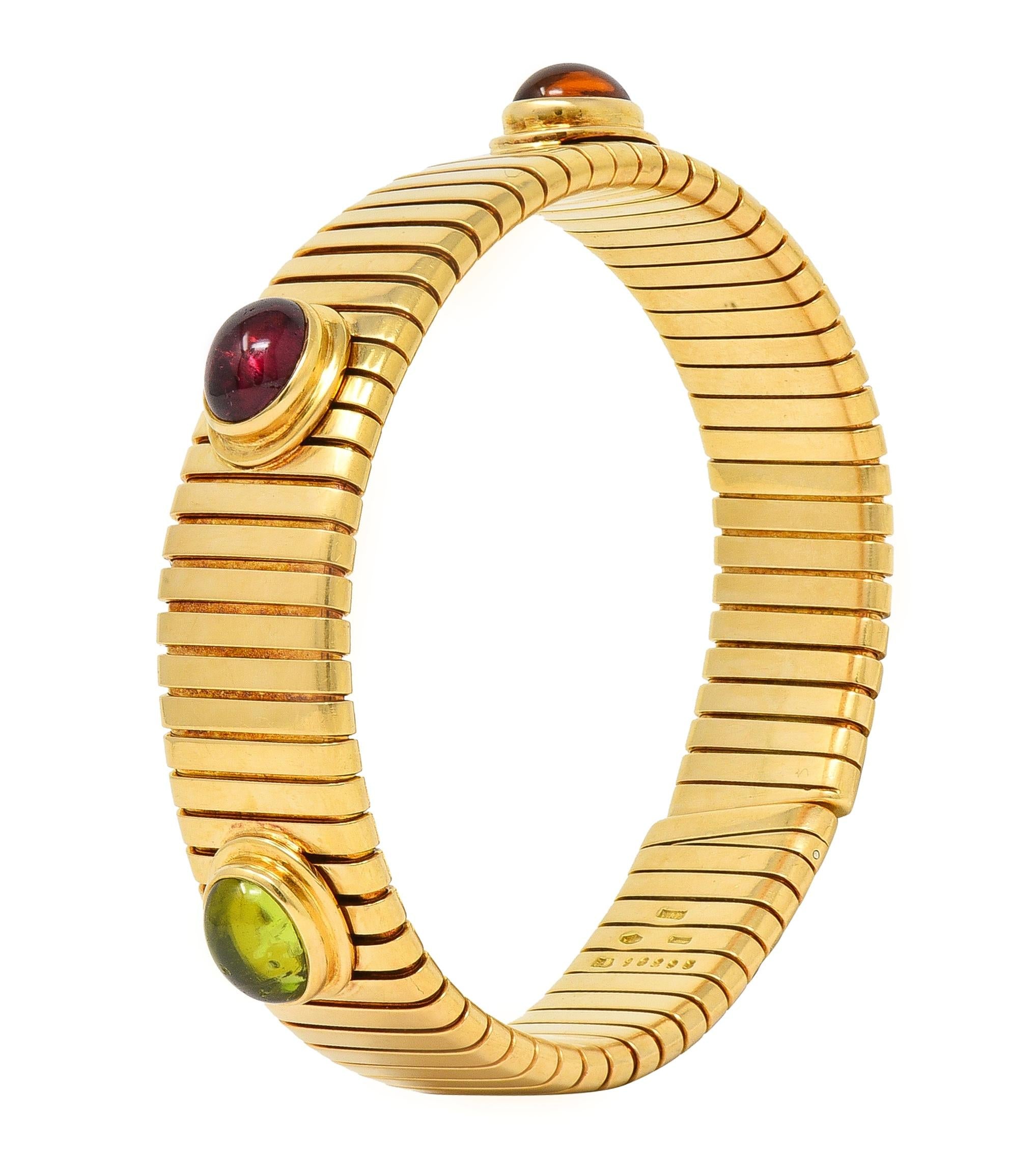 Bulgari 1980s Multi-Gem 18 Karat Yellow Gold Tubogas Vintage Cuff Bracelet