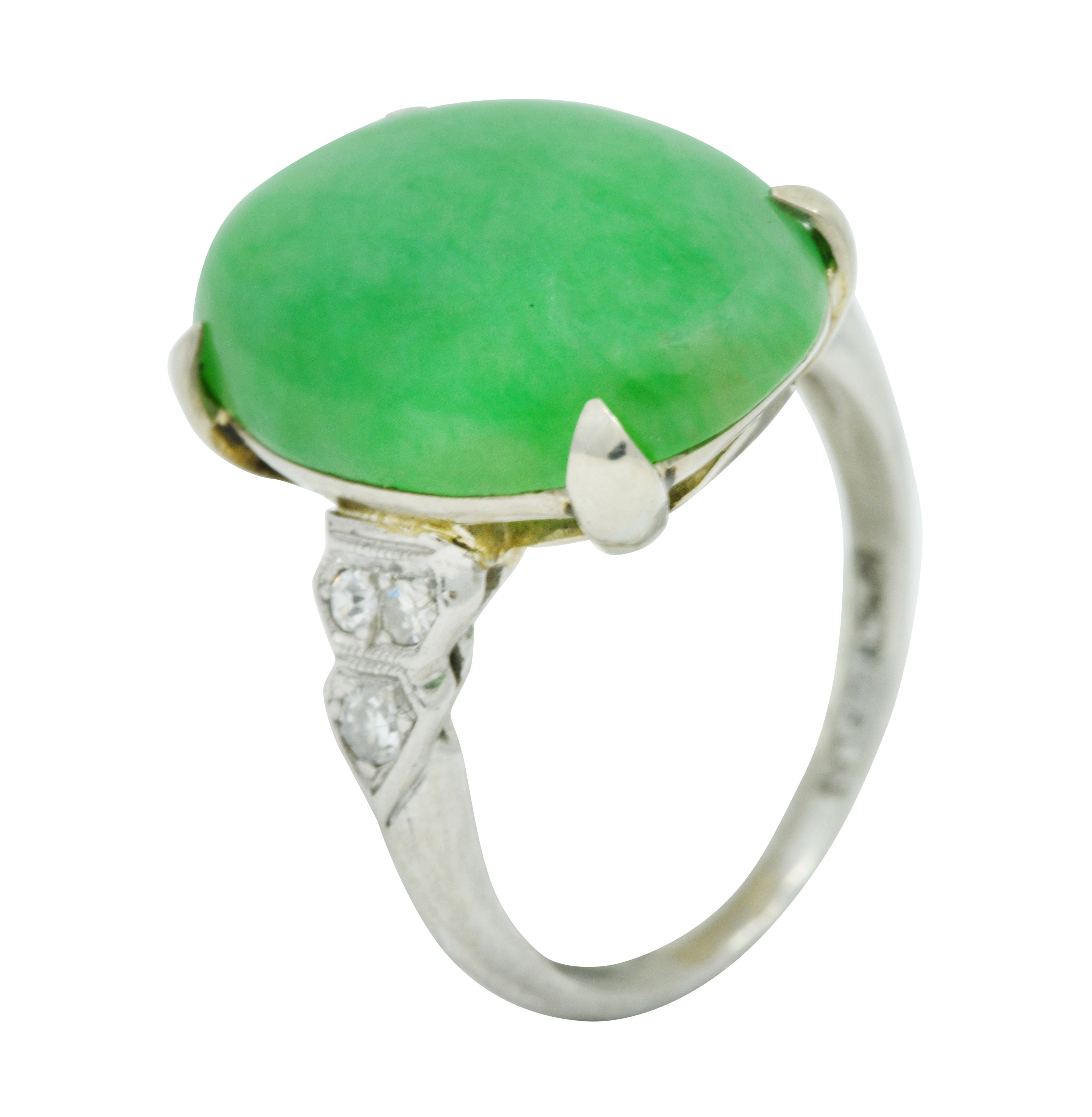 Art Deco Jadeite Jade Diamond Platinum Cabochon Ring GIARing - Wilson's Estate Jewelry