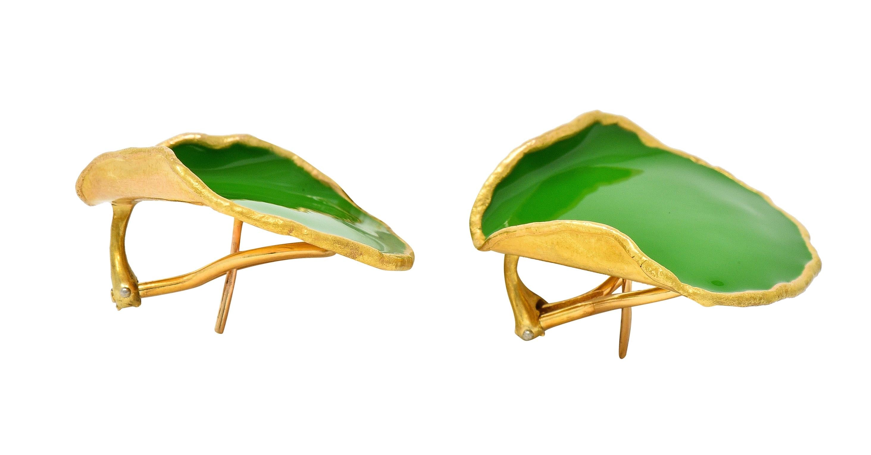 Tiffany & Co. 1979 Green Enamel 18 Karat Yellow Gold Vintage Rose Petal Earrings