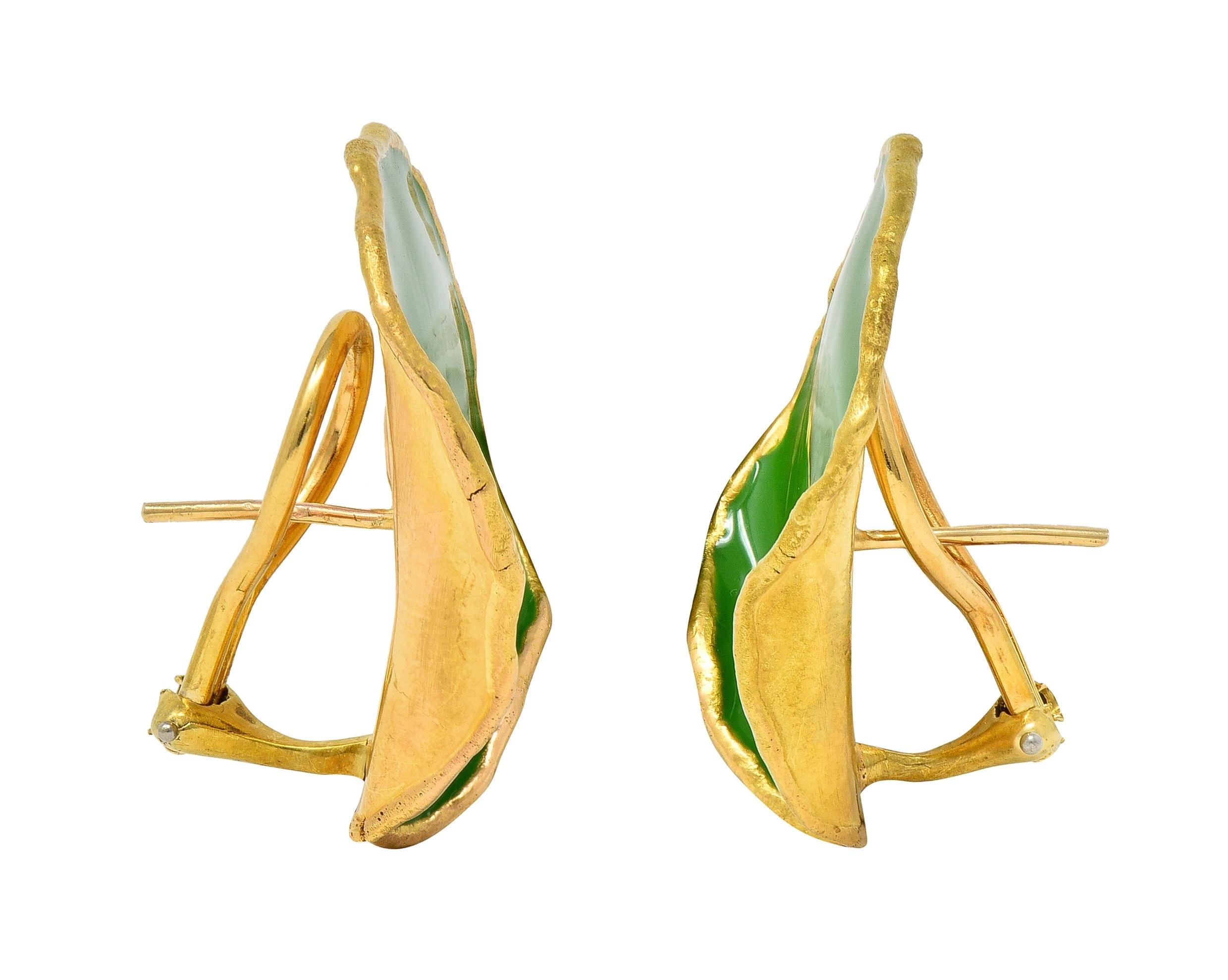 Tiffany & Co. 1979 Green Enamel 18 Karat Yellow Gold Vintage Rose Petal Earrings