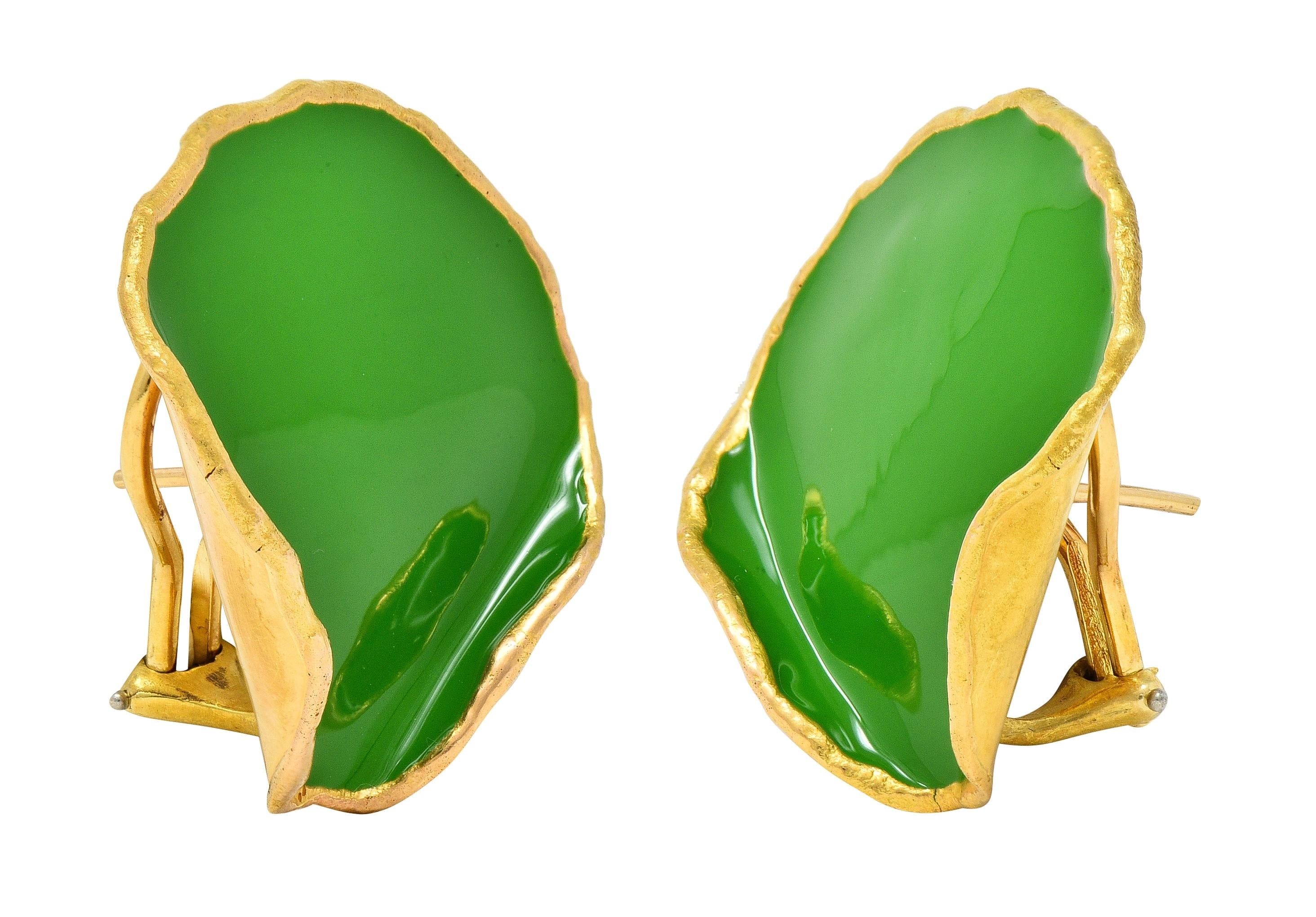 Tiffany & Co. 1979 Green Enamel 18 Karat Yellow Gold Vintage Rose Petal Earrings