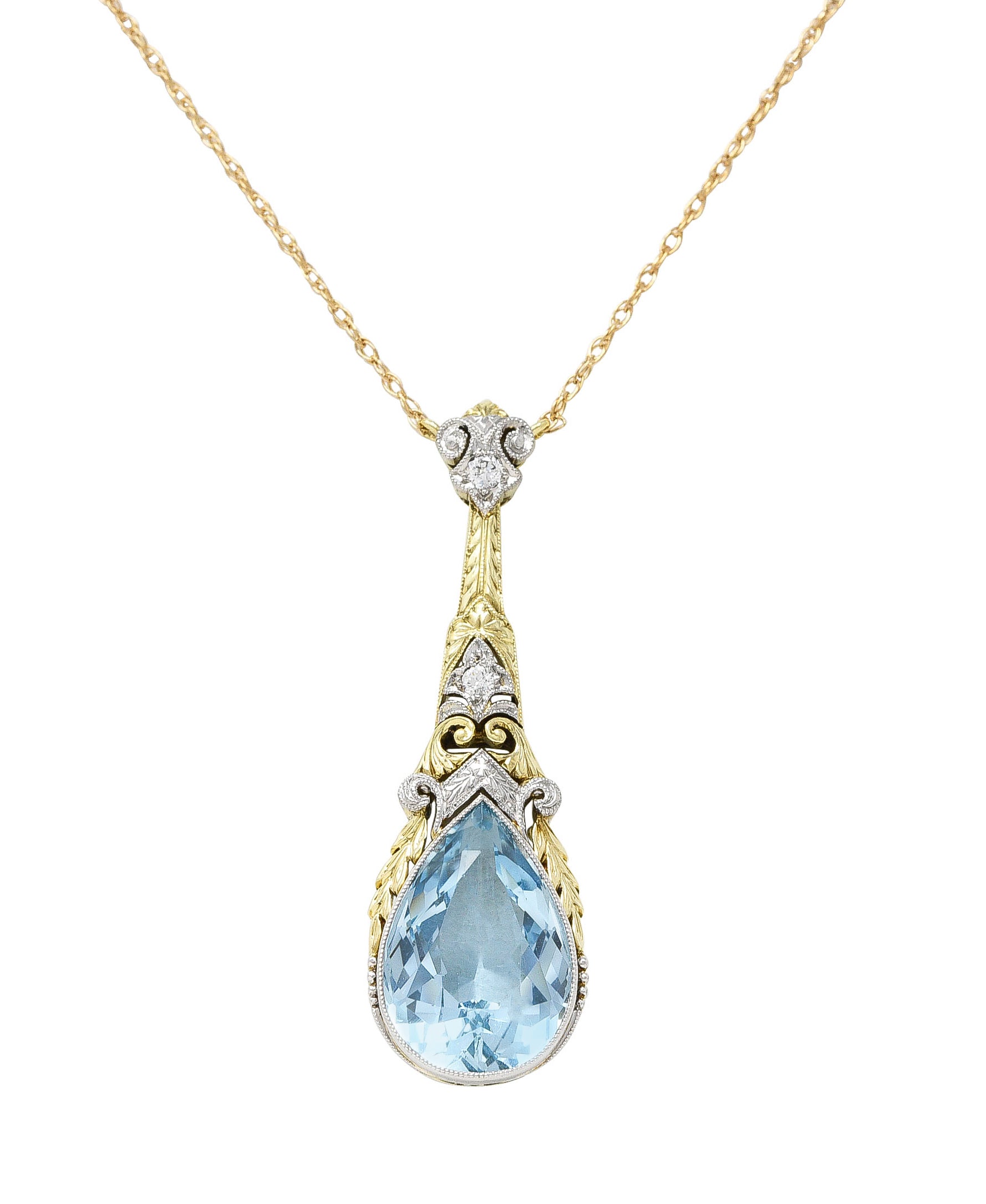 Art Deco Aquamarine Diamond Platinum 14 Karat Yellow Gold Pendant Station Necklace Wilson's Estate Jewelry