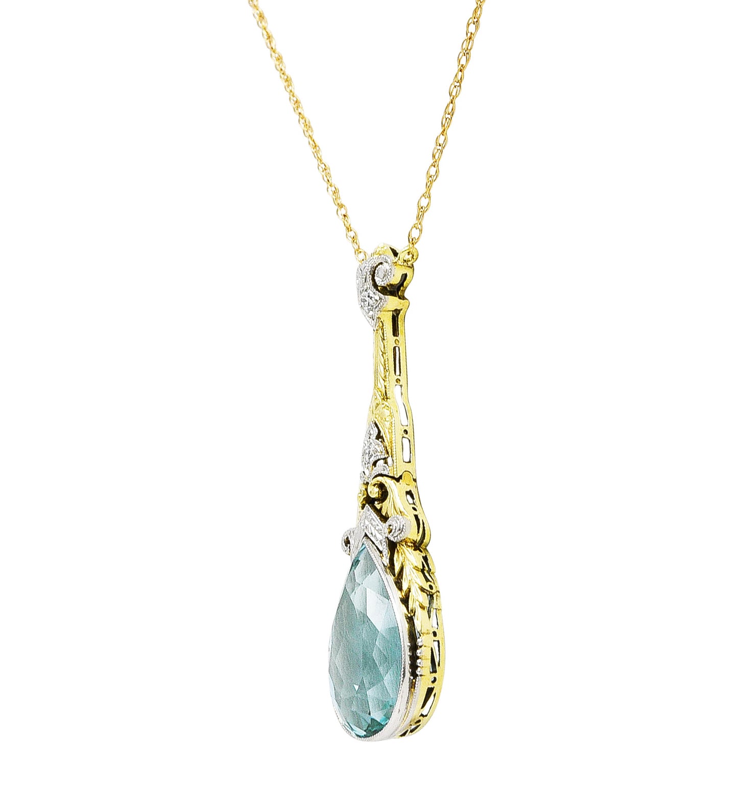 Art Deco Aquamarine Diamond Platinum 14 Karat Yellow Gold Pendant Station Necklace Wilson's Estate Jewelry