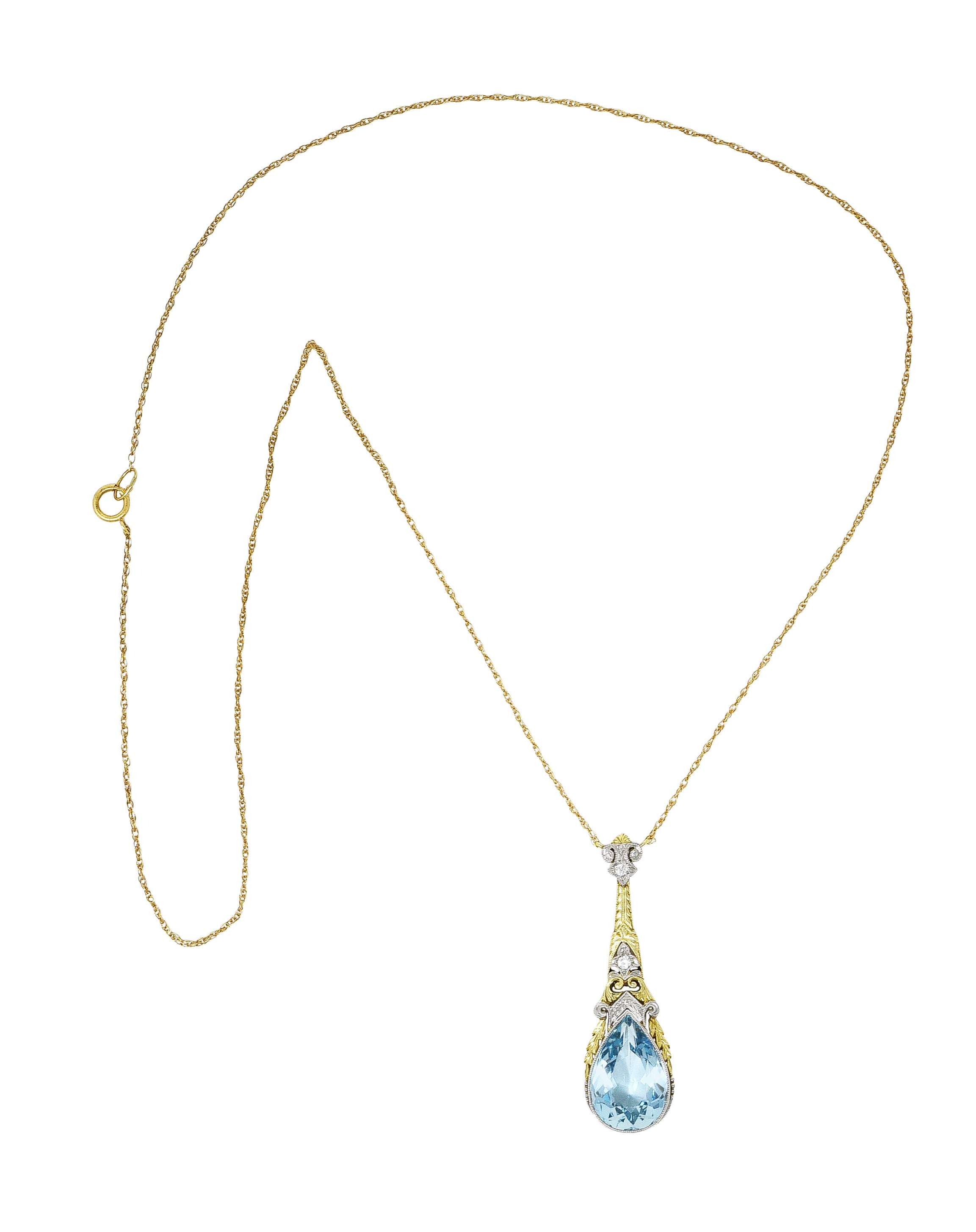 Art Deco Aquamarine Diamond Platinum 14 Karat Yellow Gold Pendant Station Necklace Wilson's Estate Jewelry