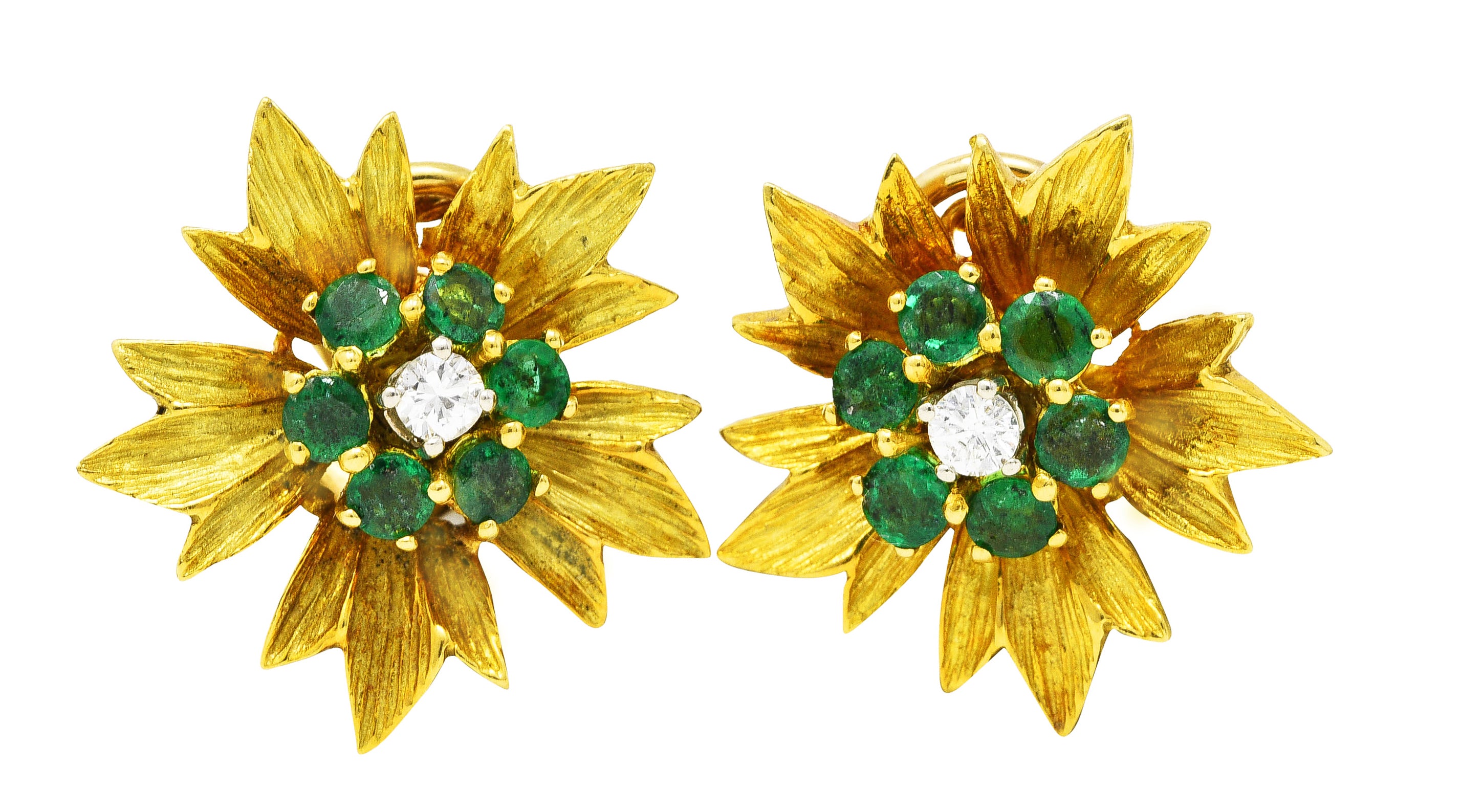 1970's Vintage Emerald Diamond 18 Karat Yellow Gold Flower Ear-Clip Earrings Wilson's Estate Jewelry