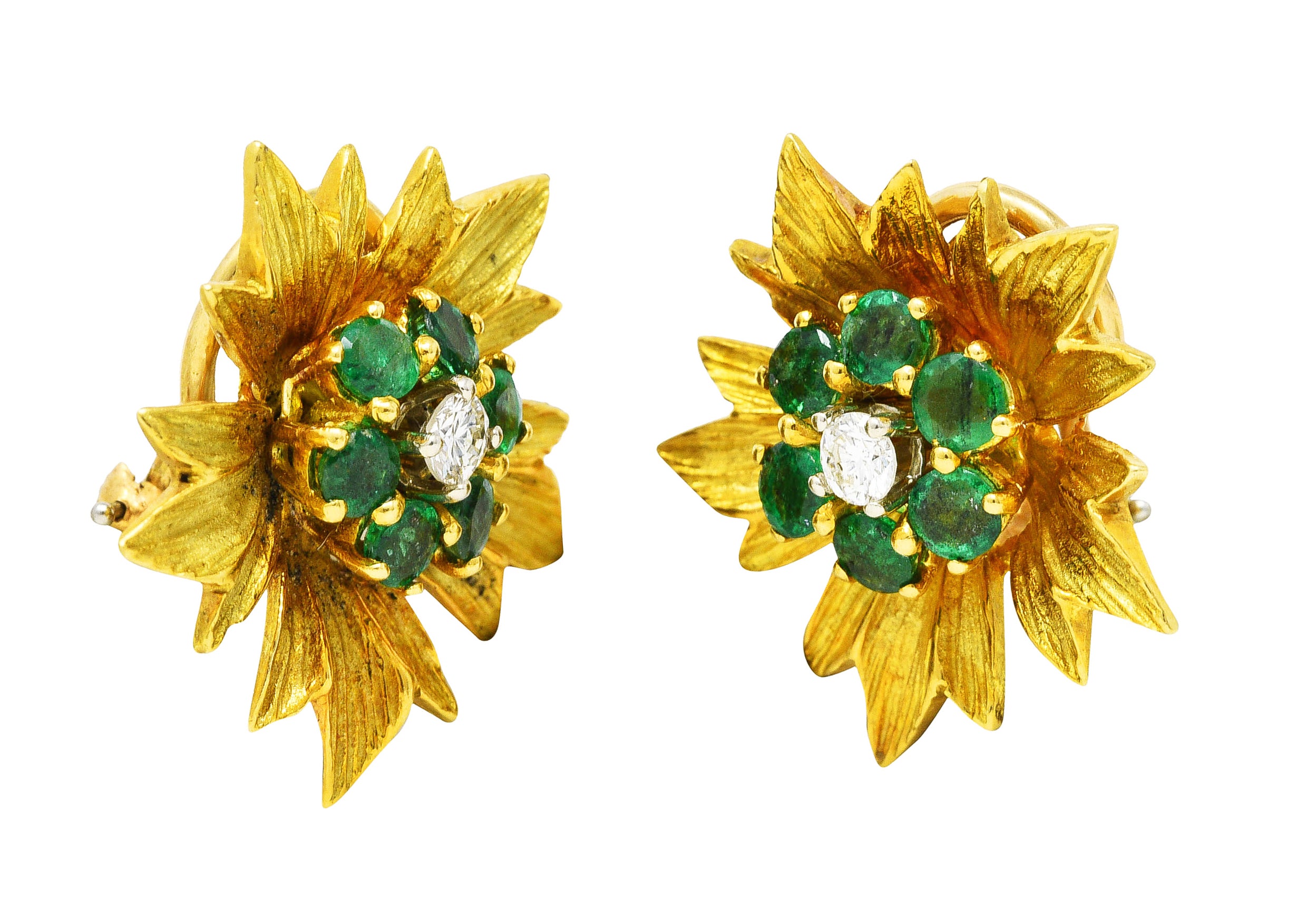 1970's Vintage Emerald Diamond 18 Karat Yellow Gold Flower Ear-Clip Earrings Wilson's Estate Jewelry