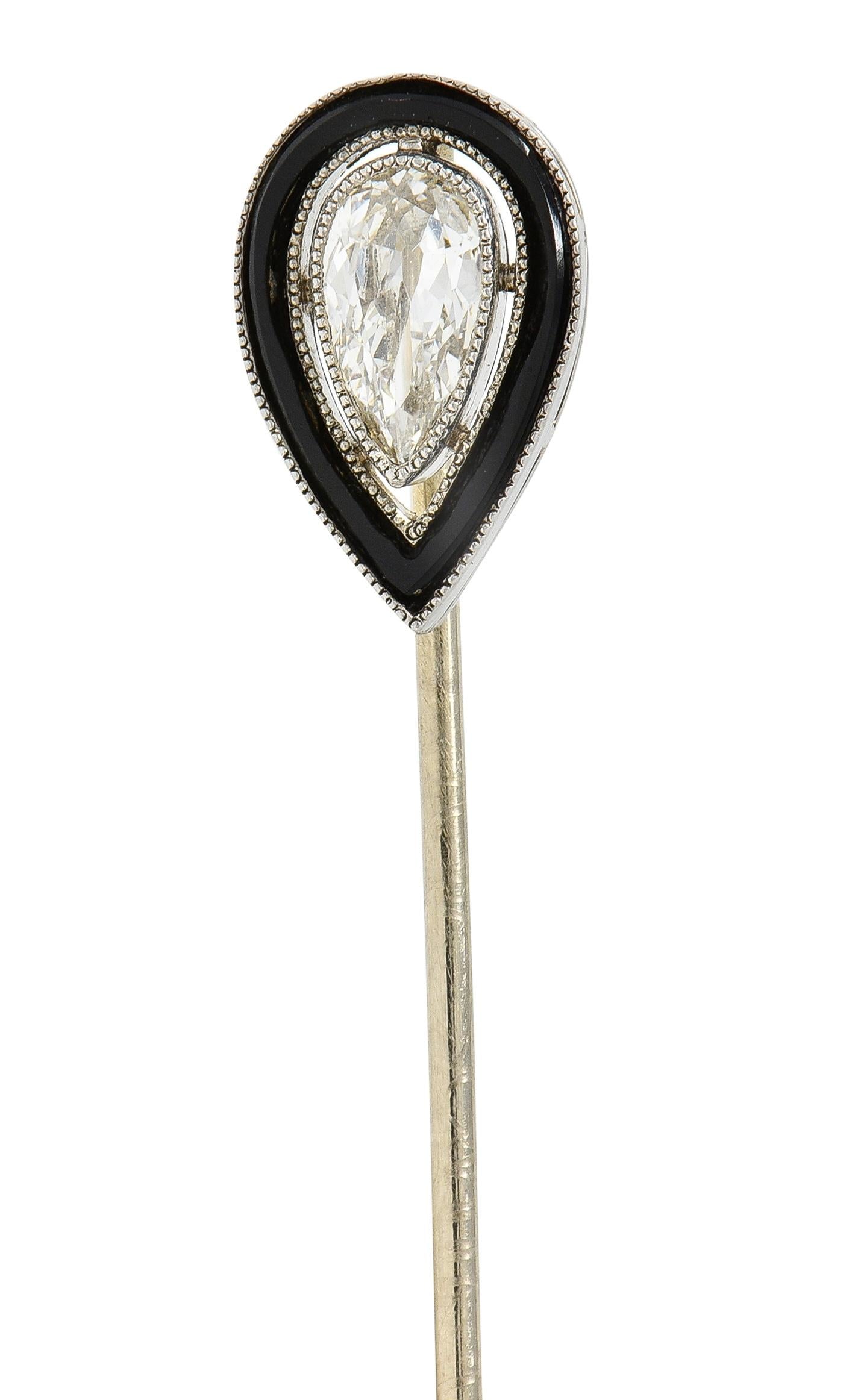 Art Deco Pear Cut Diamond Onyx Platinum Vintage Stickpin