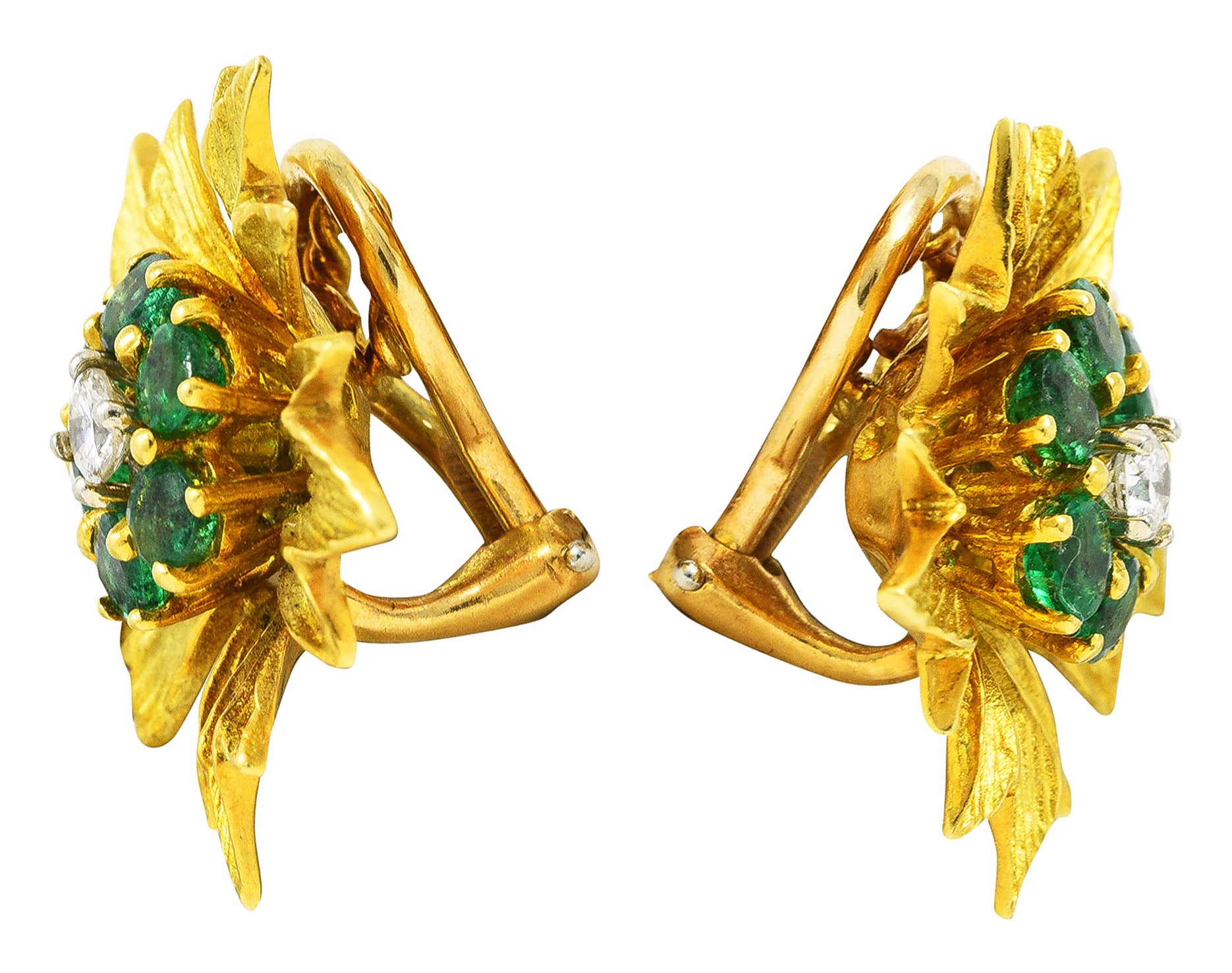 1970's Vintage Emerald Diamond 18 Karat Yellow Gold Flower Ear-Clip Earrings Wilson's Estate Jewelry