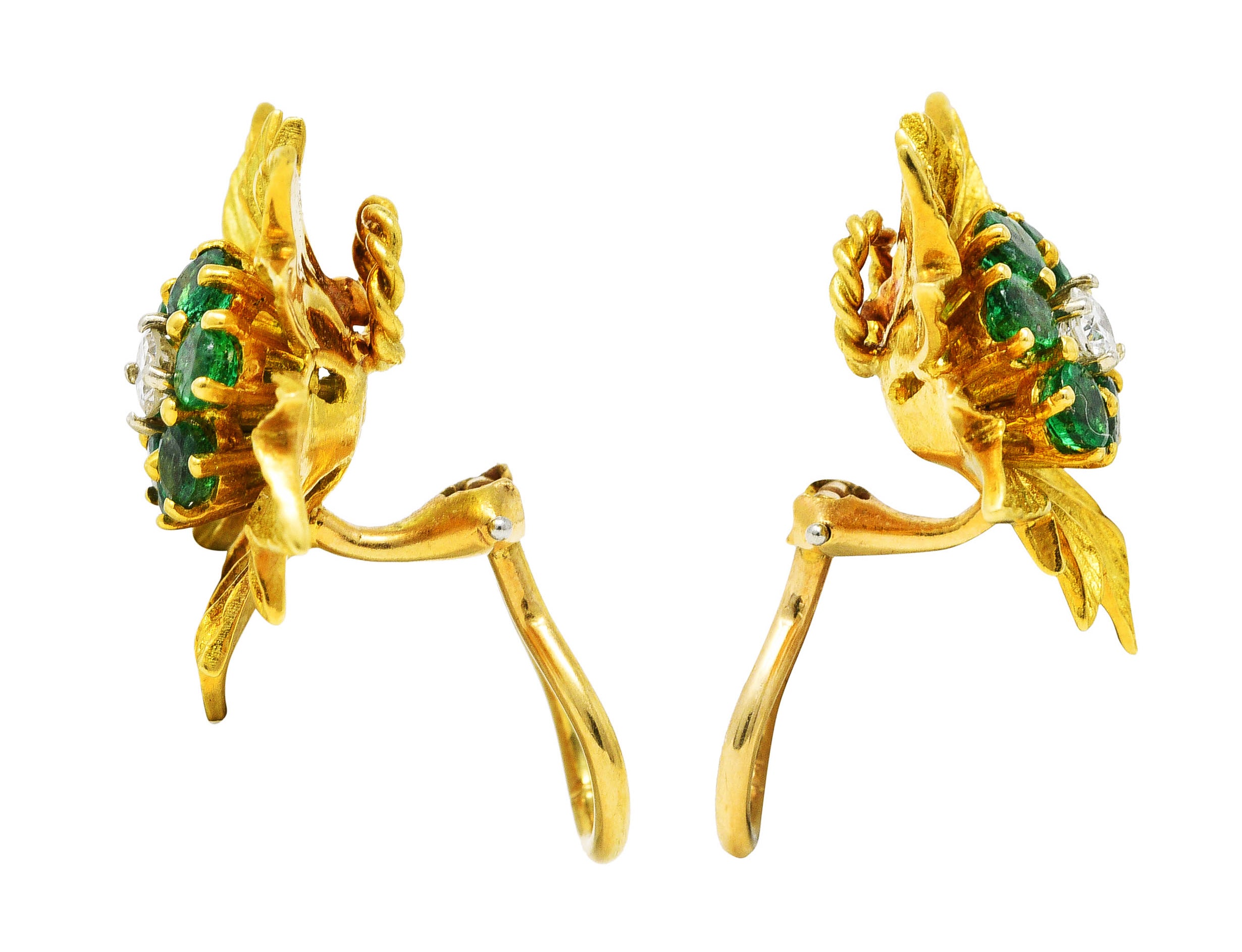 1970's Vintage Emerald Diamond 18 Karat Yellow Gold Flower Ear-Clip Earrings Wilson's Estate Jewelry