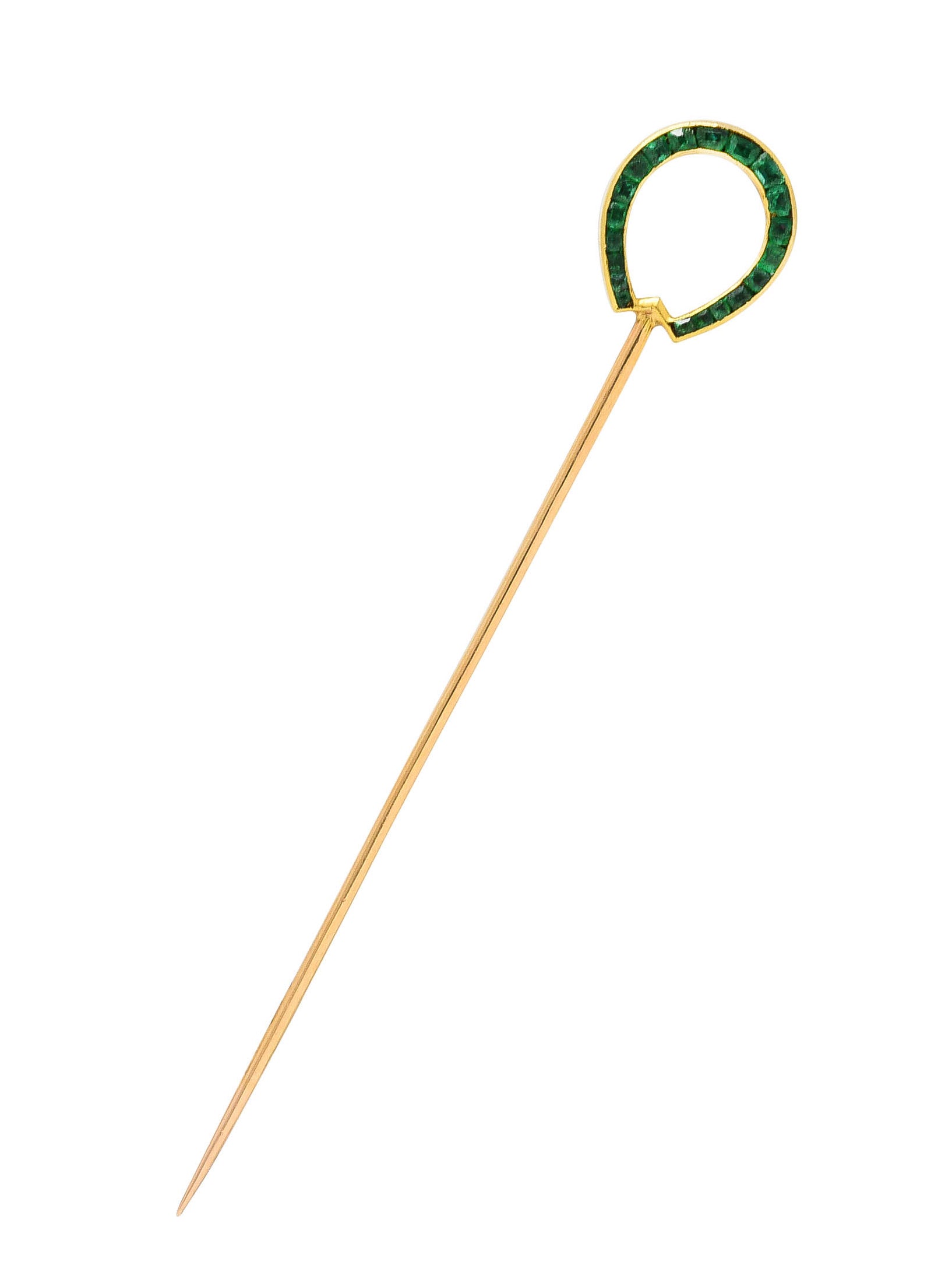 Edwardian 0.70 CTW Diamond Emerald Platinum-Topped 18 Karat Gold Reversible Horseshoe Stickpin Wilson's Estate Jewelry