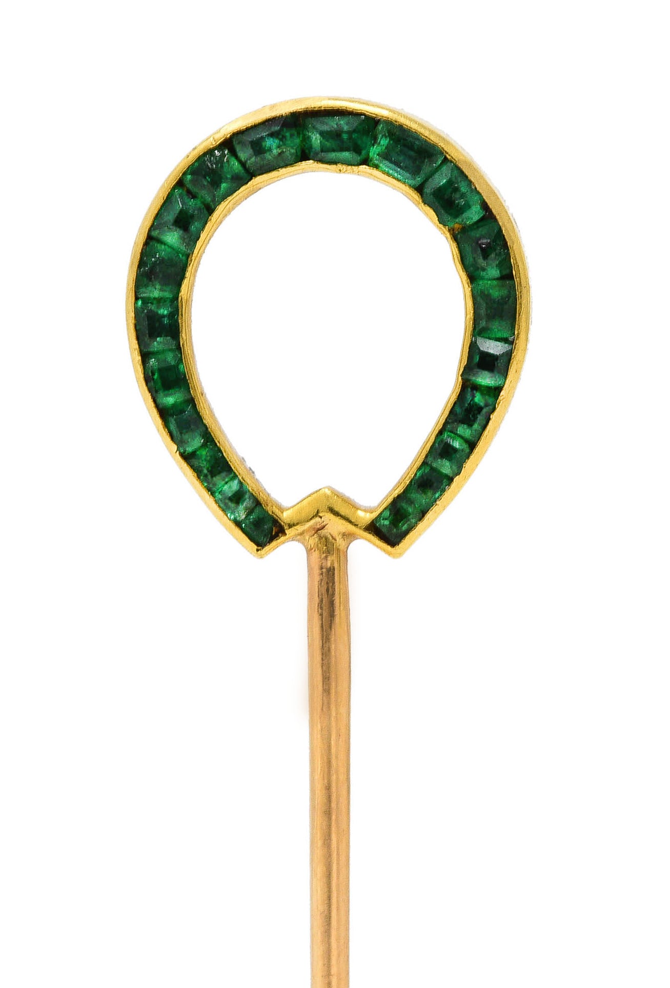 Edwardian 0.70 CTW Diamond Emerald Platinum-Topped 18 Karat Gold Reversible Horseshoe Stickpin Wilson's Estate Jewelry