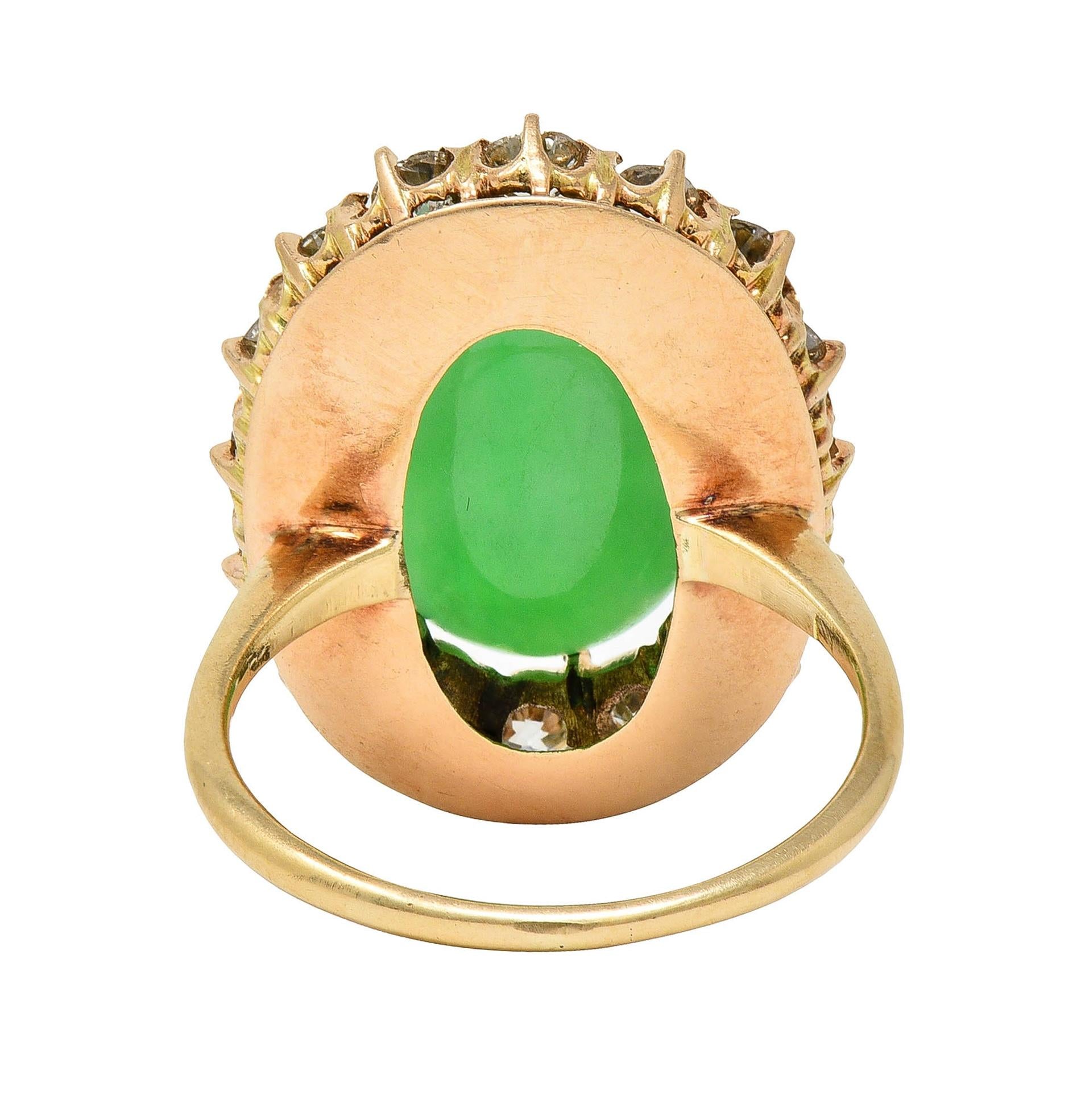 Antique Jadeite Jade 1.60 CTW Diamond 14 Karat Yellow Gold Halo Ring GIA