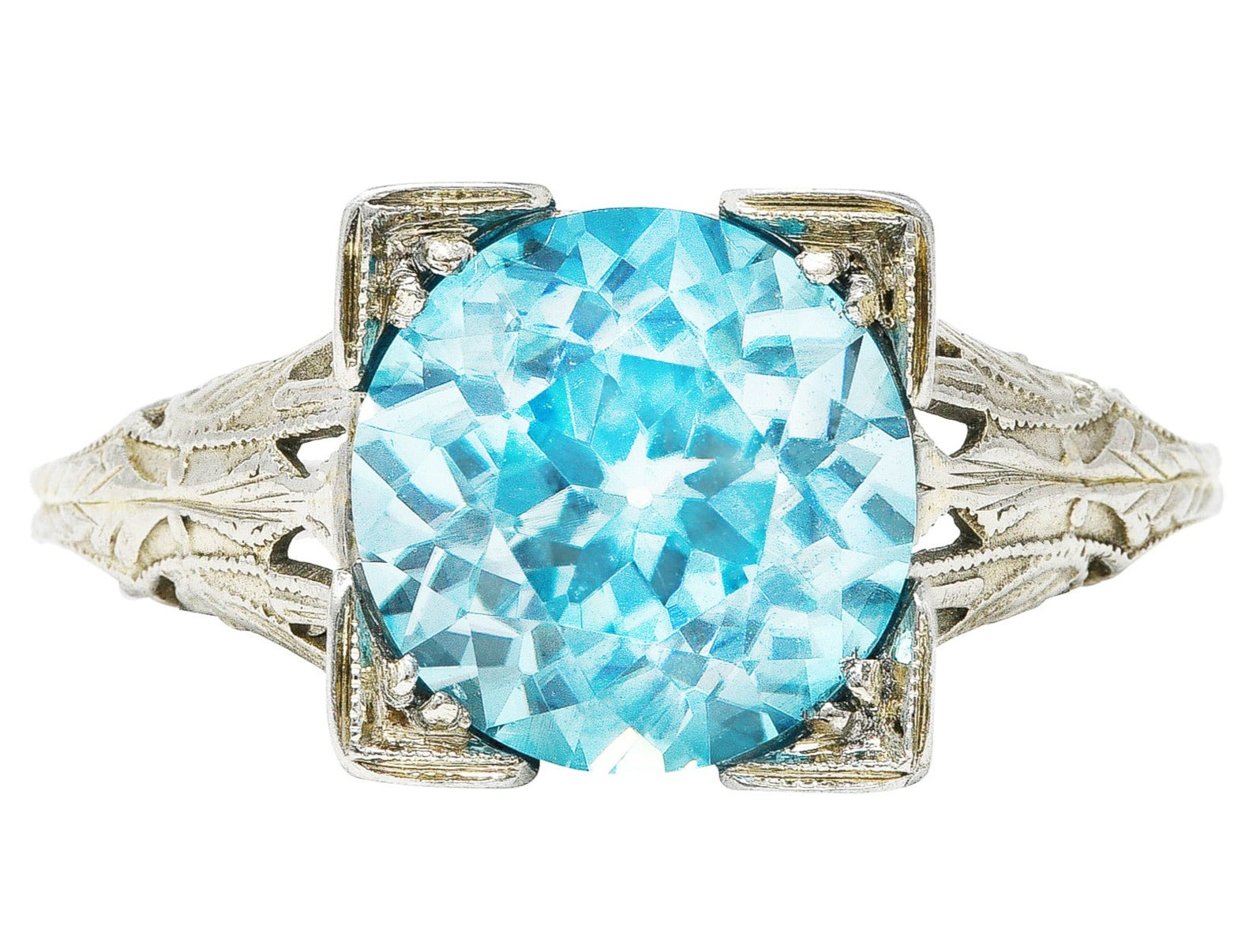 1930's Art Deco 3.93 CTW Blue Zircon 18 Karat White Gold Engagement Ring Wilson's Estate Jewelry