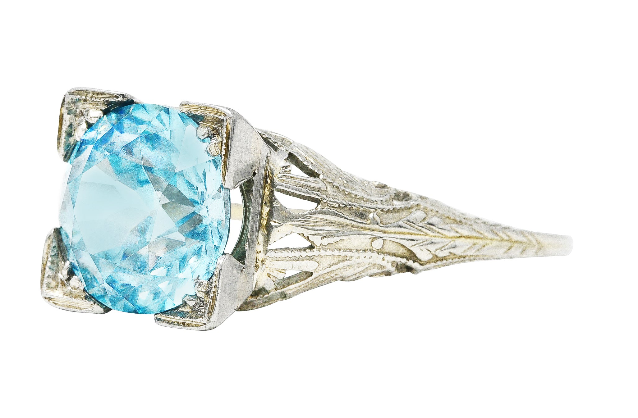 1930's Art Deco 3.93 CTW Blue Zircon 18 Karat White Gold Engagement Ring Wilson's Estate Jewelry