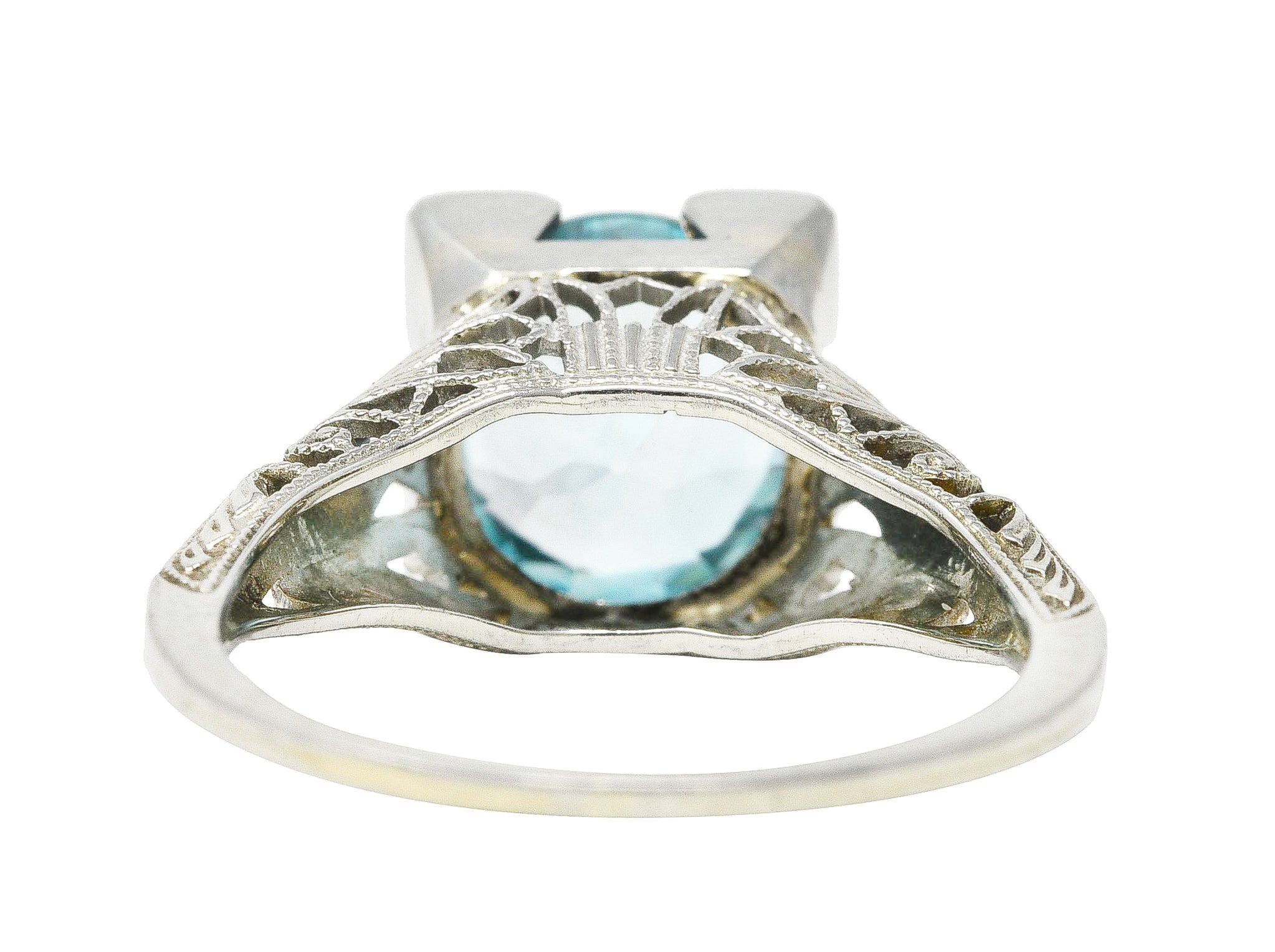 1930's Art Deco 3.93 CTW Blue Zircon 18 Karat White Gold Engagement Ring Wilson's Estate Jewelry