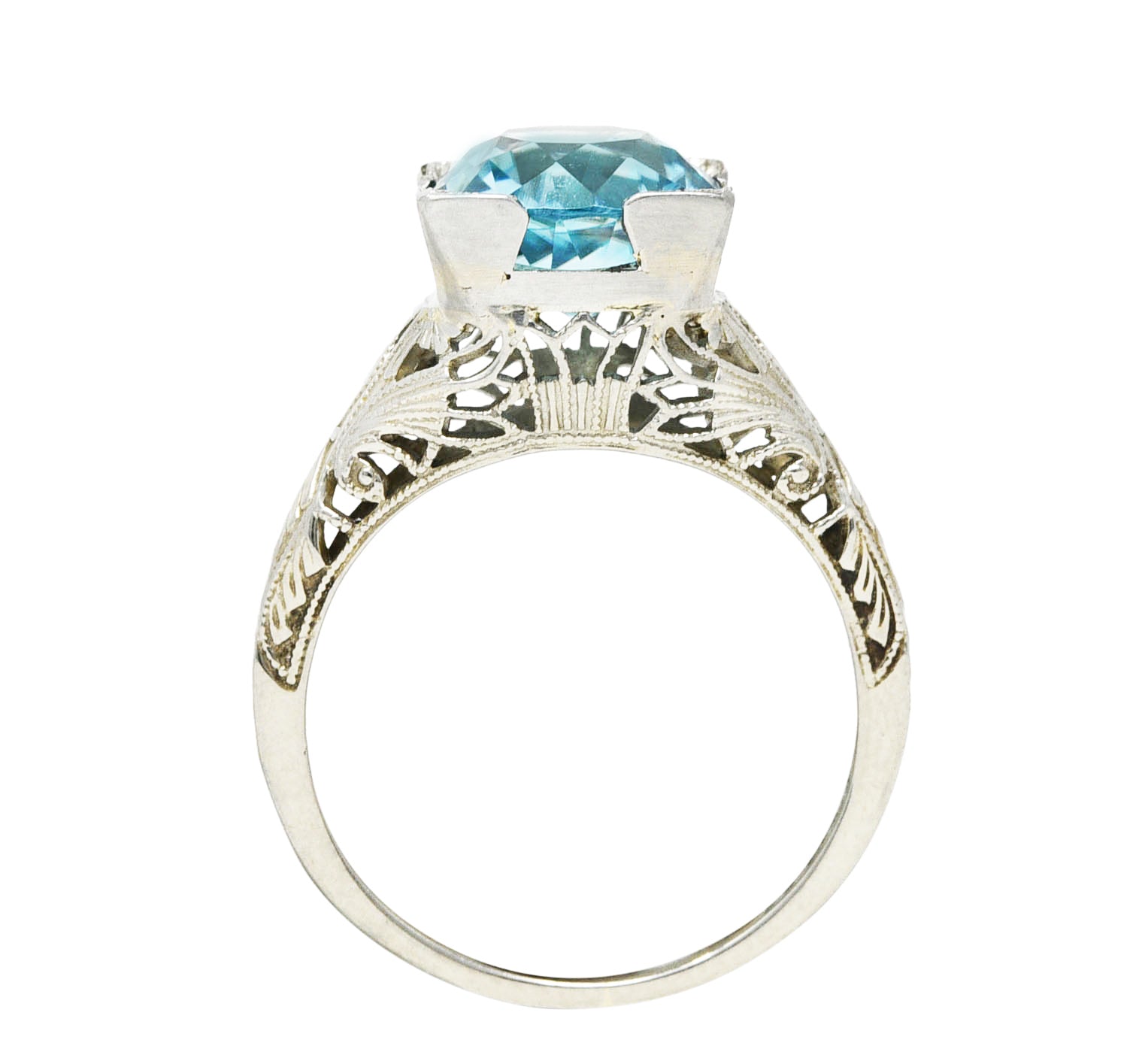 1930's Art Deco 3.93 CTW Blue Zircon 18 Karat White Gold Engagement Ring Wilson's Estate Jewelry