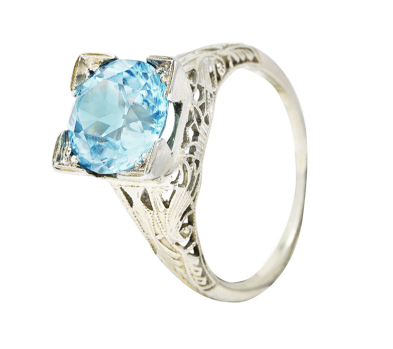 1930's Art Deco 3.93 CTW Blue Zircon 18 Karat White Gold Engagement Ring Wilson's Estate Jewelry