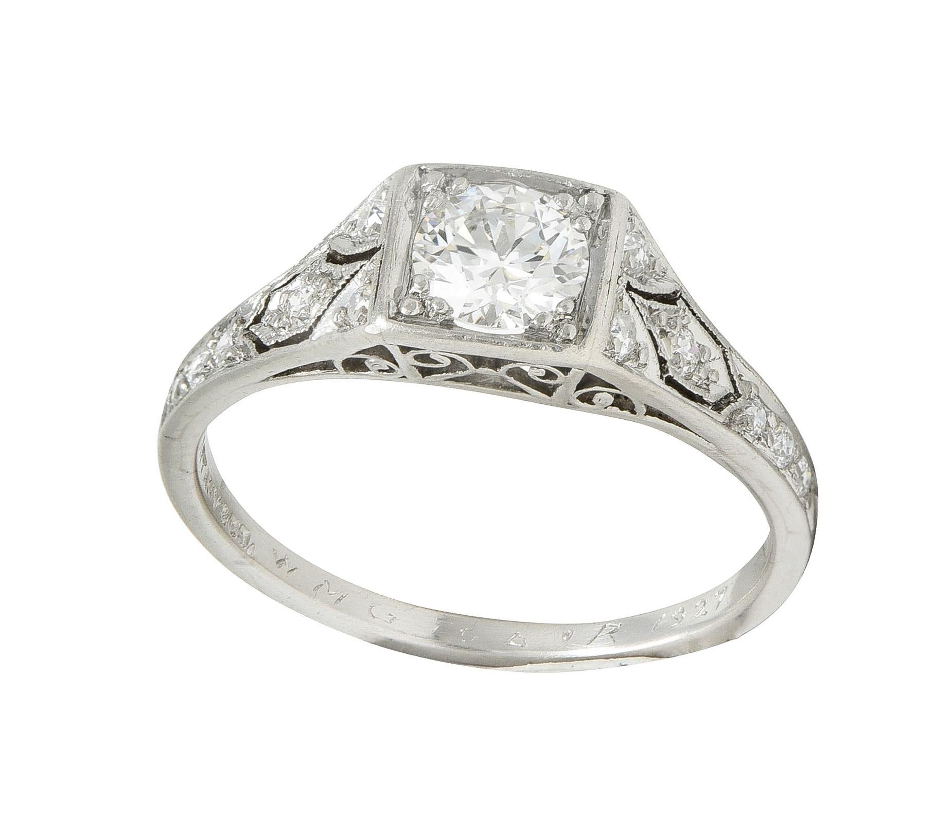 Tiffany & Co. Art Deco European Diamond Platinum Scroll Antique Engagement Ring