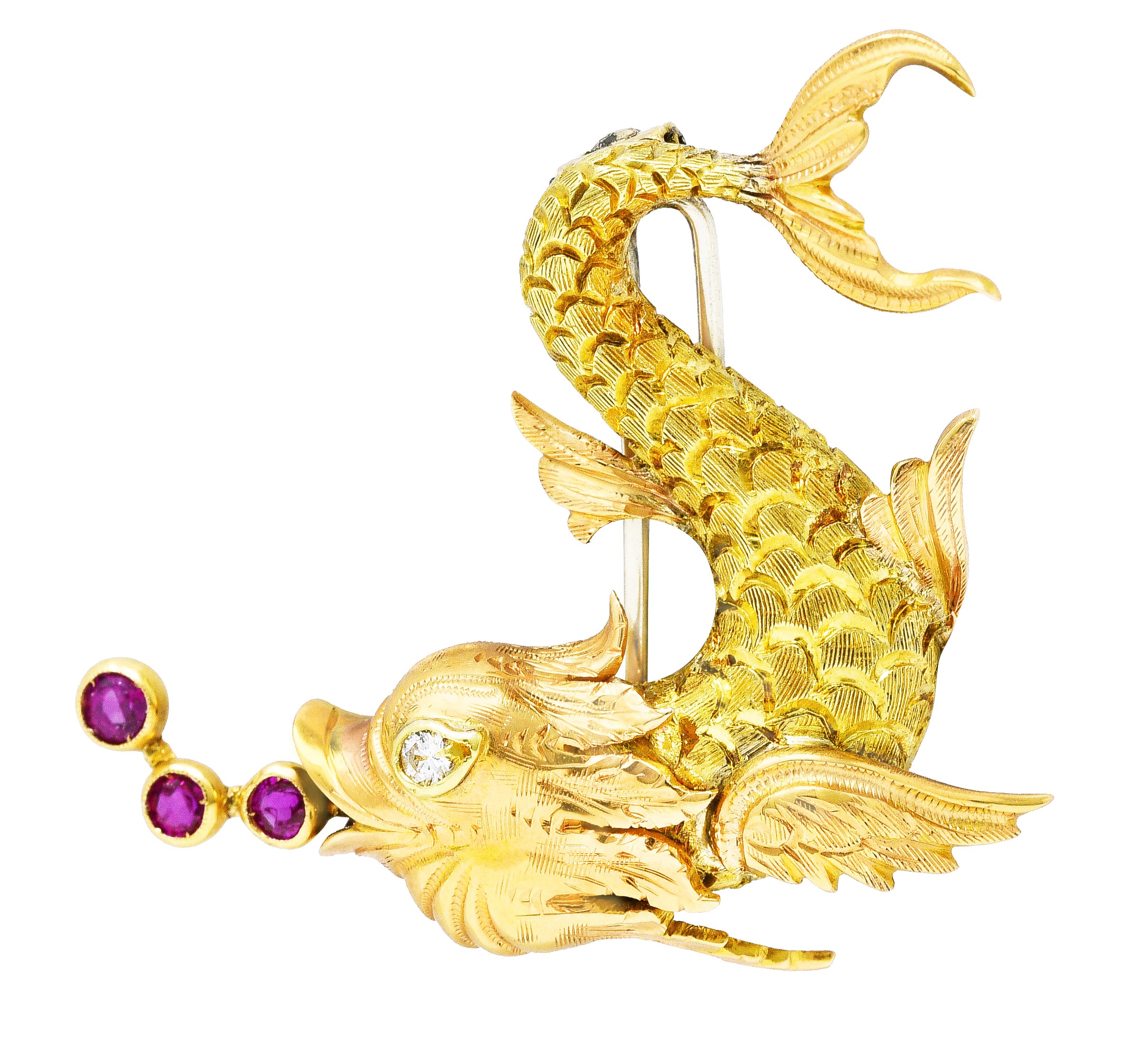 Giulio Nardi 1950's 0.42 CTW Diamond Ruby 18 Karat Two-Tone Vintage Fish Brooch Wilson's Estate Jewelry