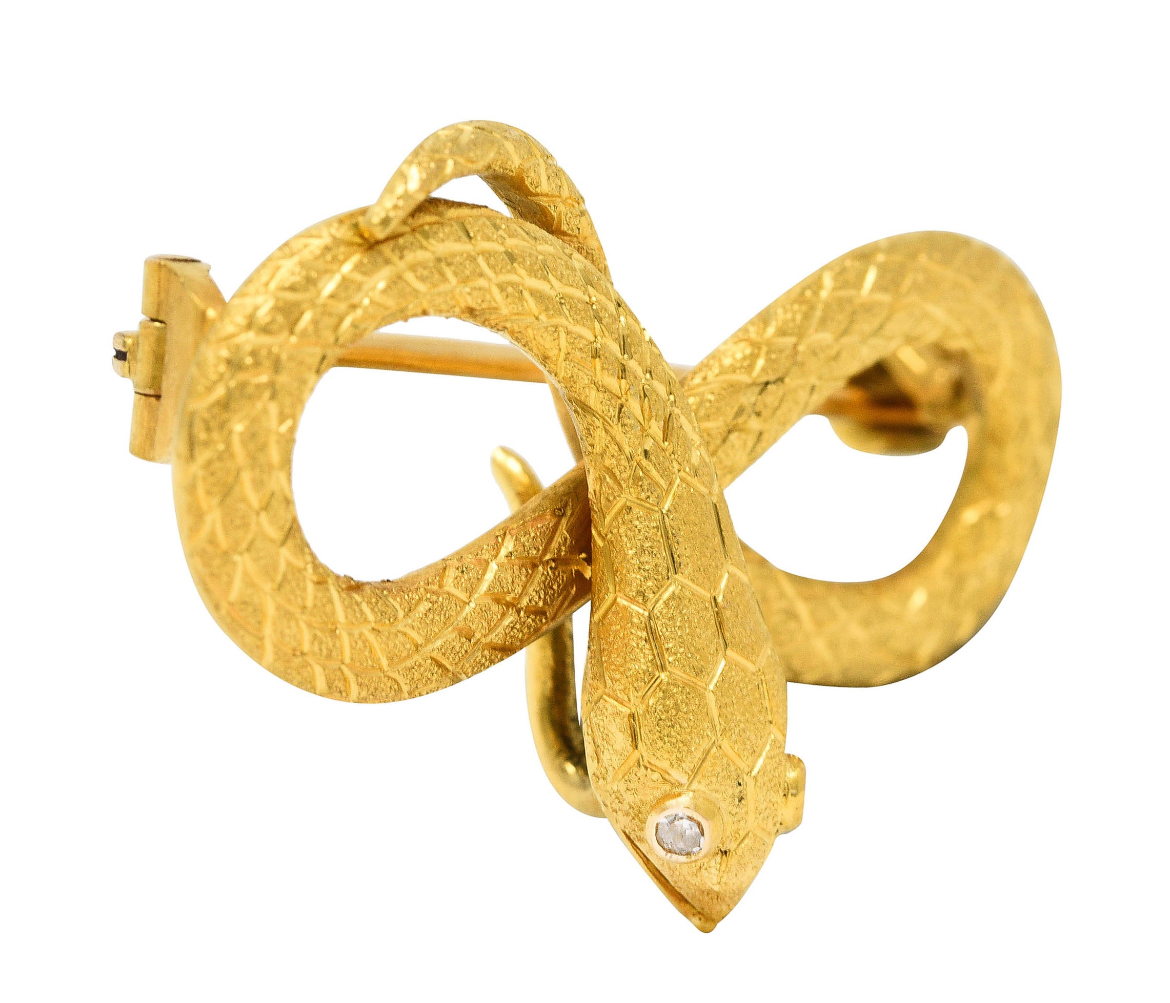 Victorian Diamond 18 Karat Yellow Gold Infinity Love Knot Antique Snake Brooch Wilson's Estate Jewelry