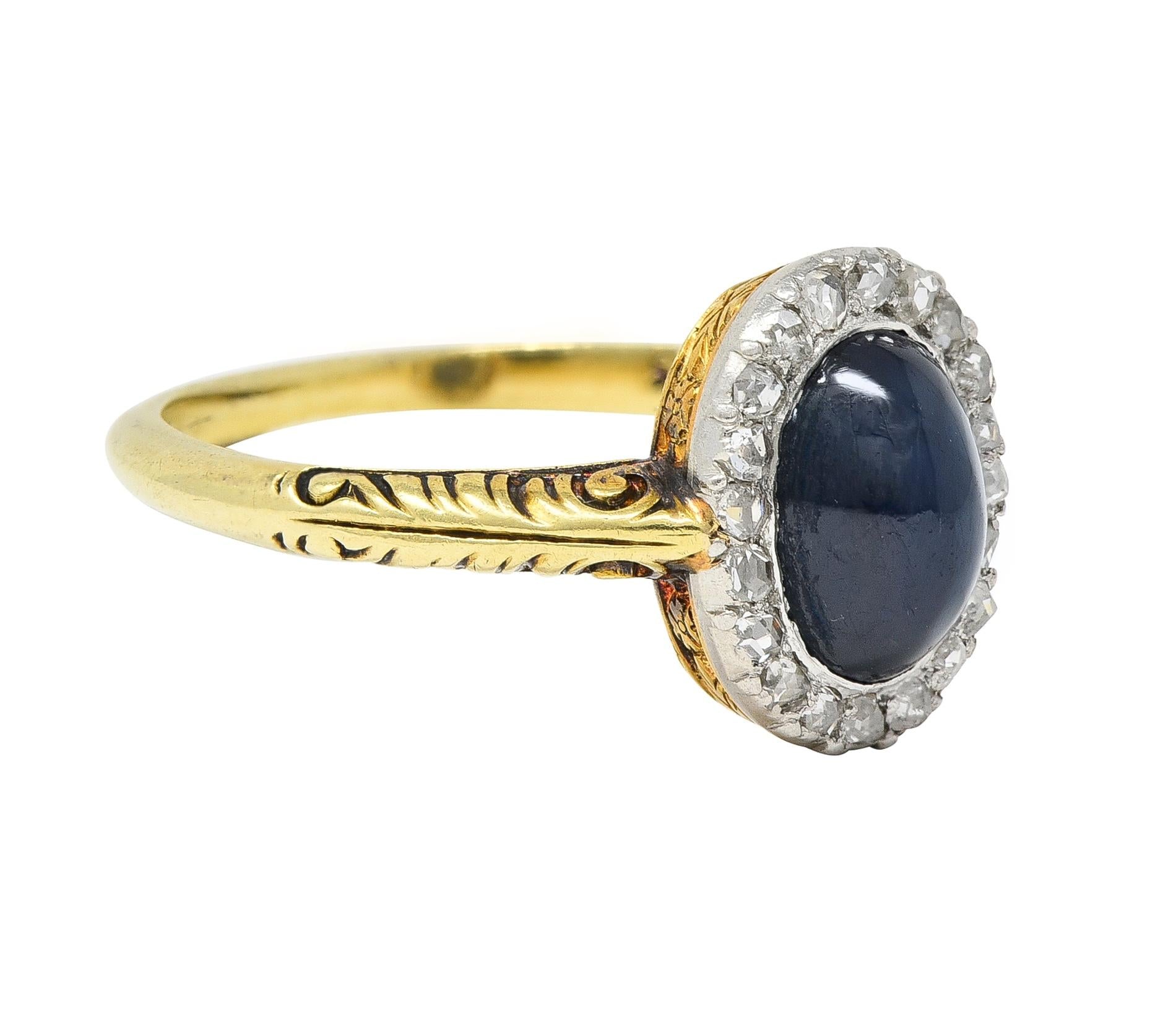 Edwardian 2.42 CTW Sapphire Cabochon Diamond Platinum 14 Karat Gold Halo Ring