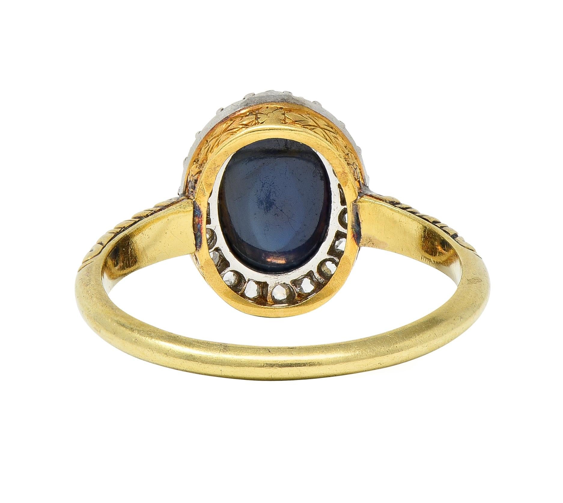 Edwardian 2.42 CTW Sapphire Cabochon Diamond Platinum 14 Karat Gold Halo Ring